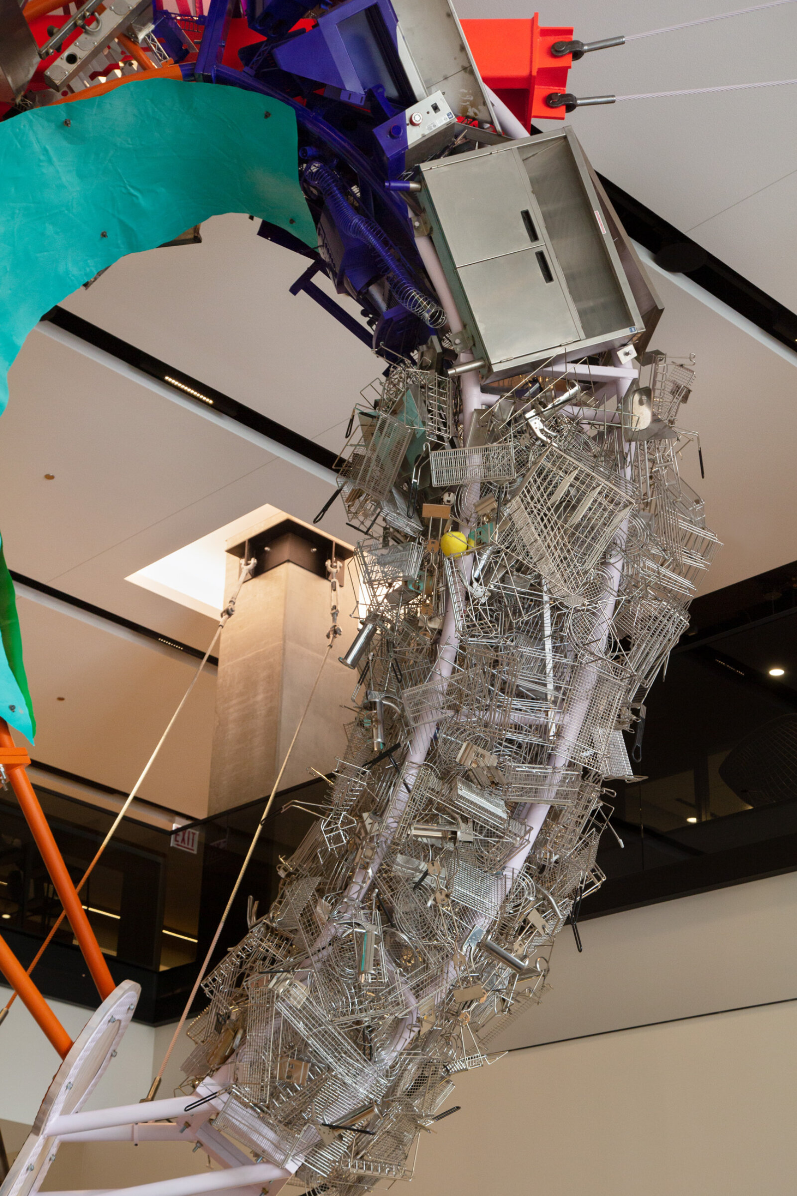 Jessica Stockholder, Cloud Storage (detail), 2018, metal, cable, hardware, machines from McDonald’s kitchens, 240 x 168 x 60 in. (610 x 427 x 152 cm). Installation view, McDonald’s Global Headquarters, Chicago, USA