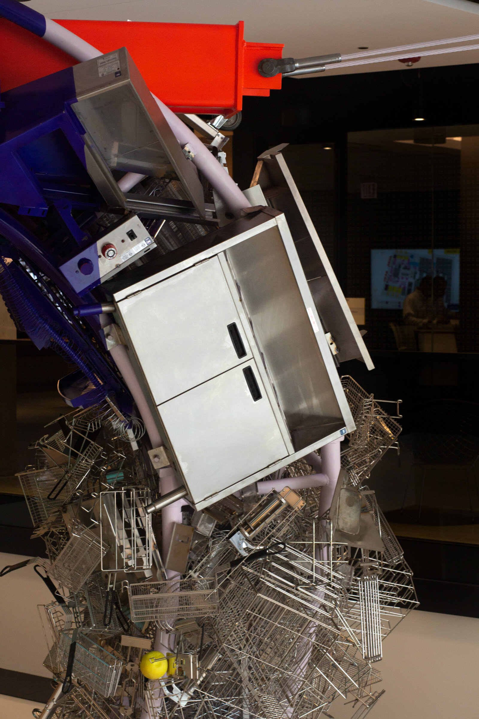 Jessica Stockholder, Cloud Storage (detail), 2018, metal, cable, hardware, machines from McDonald’s kitchens, 240 x 168 x 60 in. (610 x 427 x 152 cm). Installation view, McDonald’s Global Headquarters, Chicago, USA