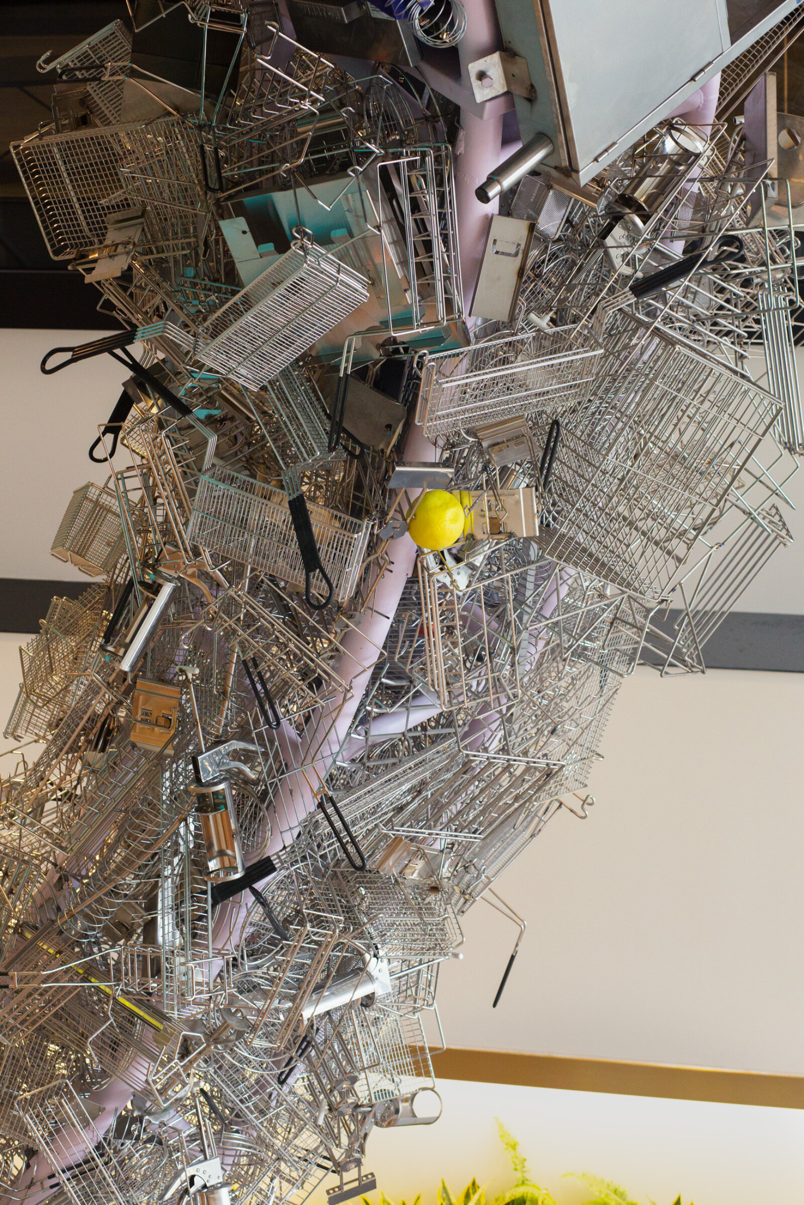 Jessica Stockholder, Cloud Storage (detail), 2018, metal, cable, hardware, machines from McDonald’s kitchens, 240 x 168 x 60 in. (610 x 427 x 152 cm). Installation view, McDonald’s Global Headquarters, Chicago, USA