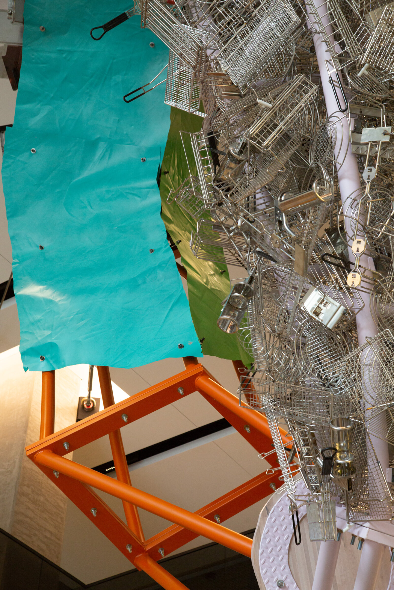 Jessica Stockholder, Cloud Storage (detail), 2018, metal, cable, hardware, machines from McDonald’s kitchens, 240 x 168 x 60 in. (610 x 427 x 152 cm). Installation view, McDonald’s Global Headquarters, Chicago, USA