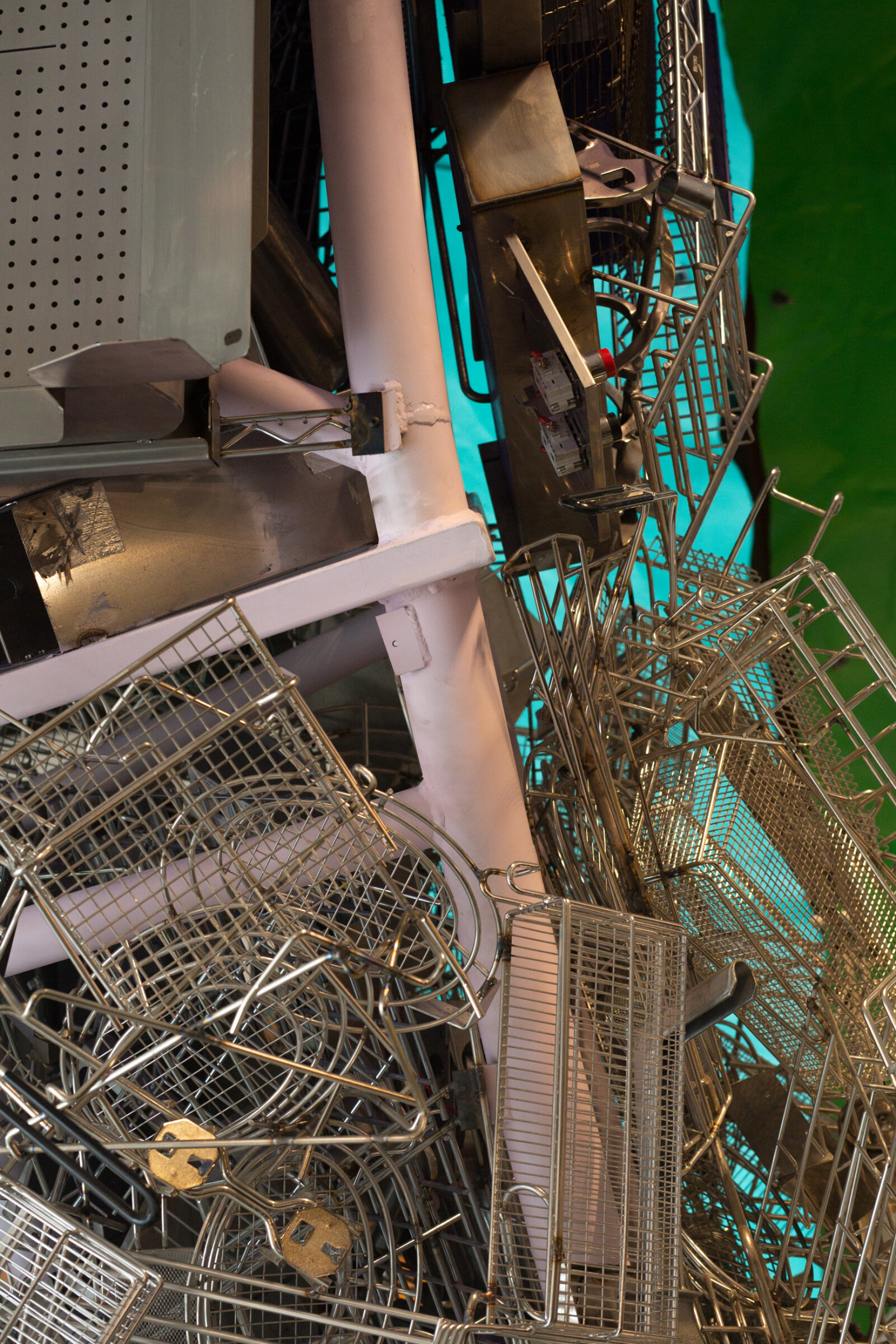 Jessica Stockholder, Cloud Storage (detail), 2018, metal, cable, hardware, machines from McDonald’s kitchens, 240 x 168 x 60 in. (610 x 427 x 152 cm). Installation view, McDonald’s Global Headquarters, Chicago, USA