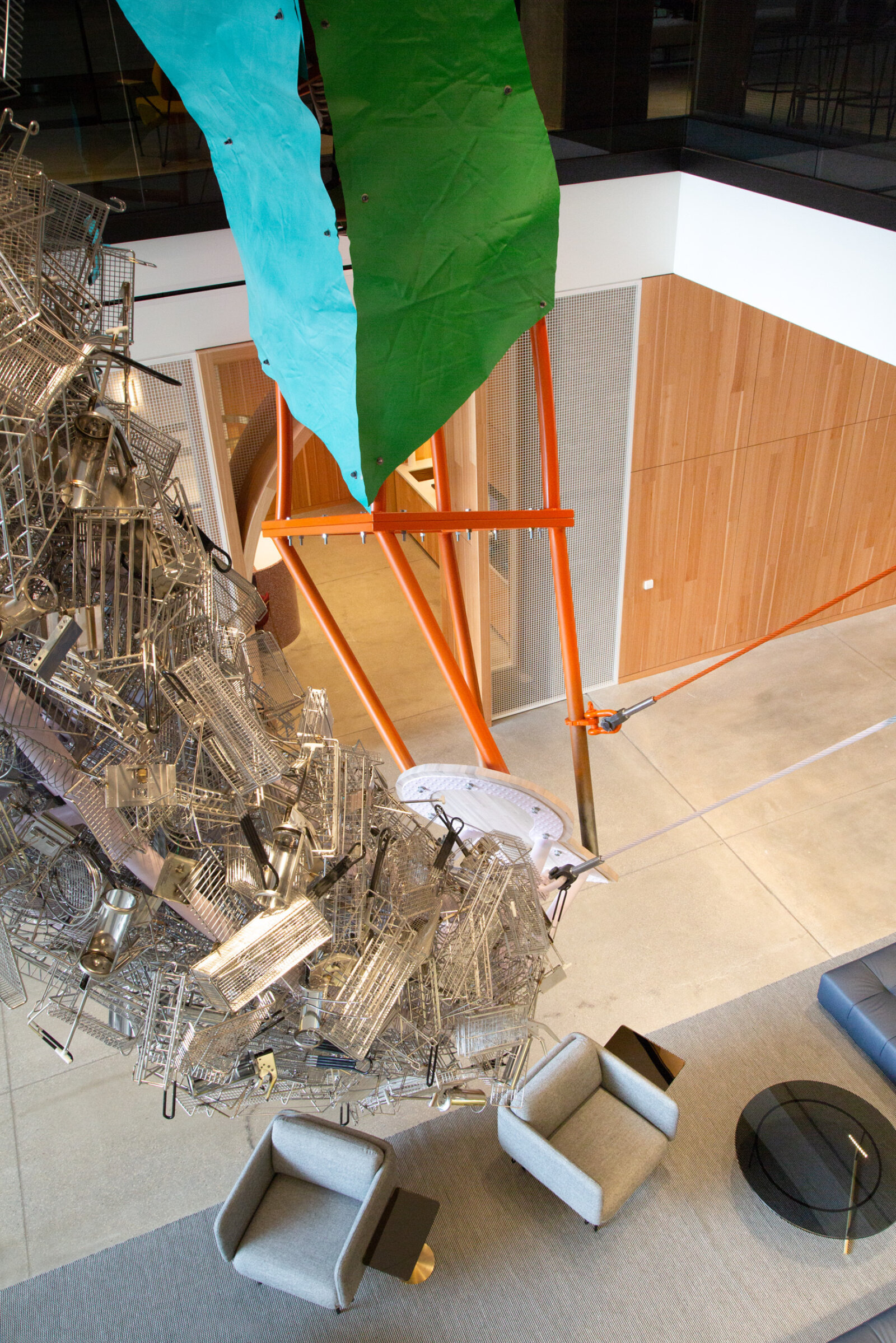 Jessica Stockholder, Cloud Storage (detail), 2018, metal, cable, hardware, machines from McDonald’s kitchens, 240 x 168 x 60 in. (610 x 427 x 152 cm). Installation view, McDonald’s Global Headquarters, Chicago, USA