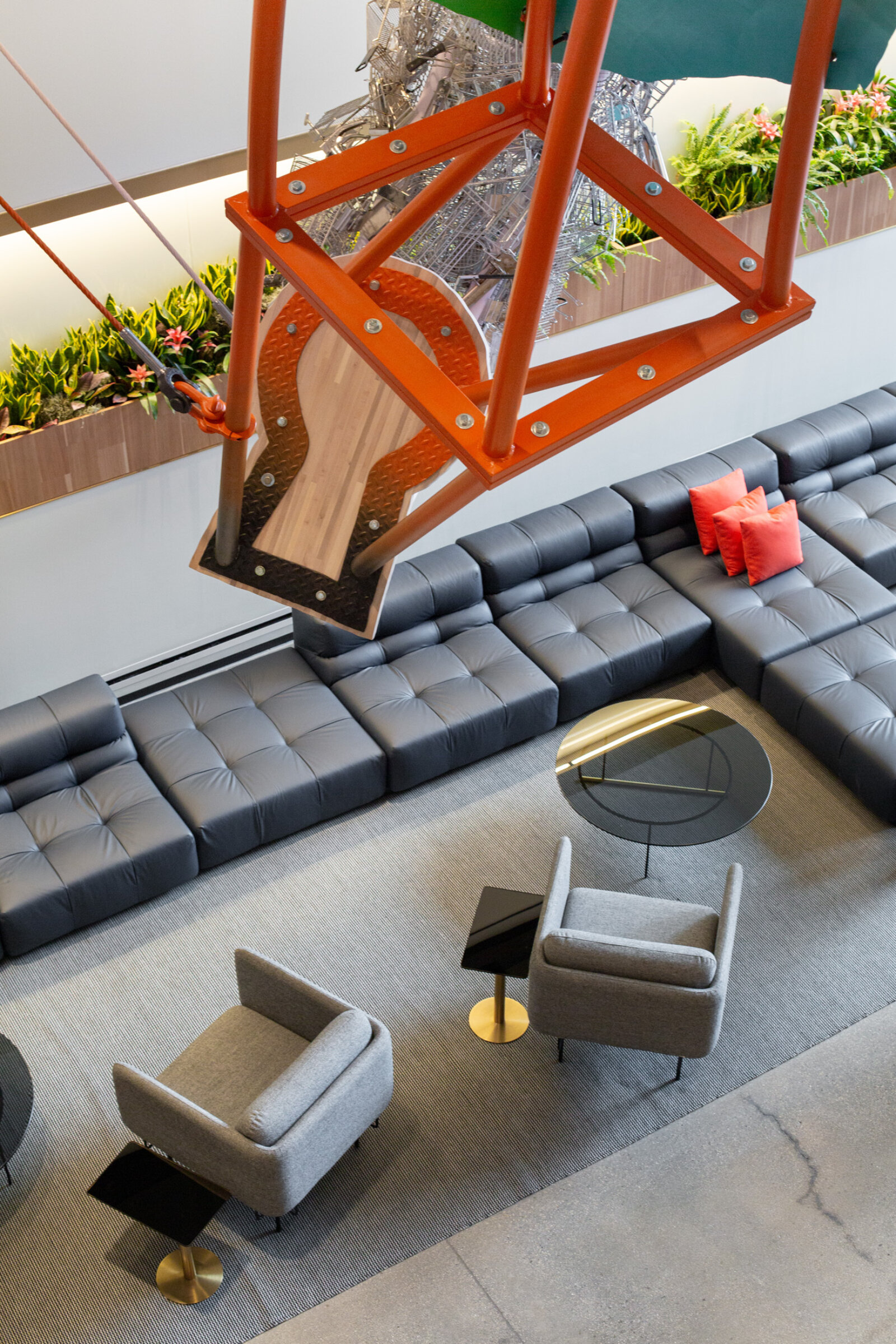 Jessica Stockholder, Cloud Storage (detail), 2018, metal, cable, hardware, machines from McDonald’s kitchens, 240 x 168 x 60 in. (610 x 427 x 152 cm). Installation view, McDonald’s Global Headquarters, Chicago, USA