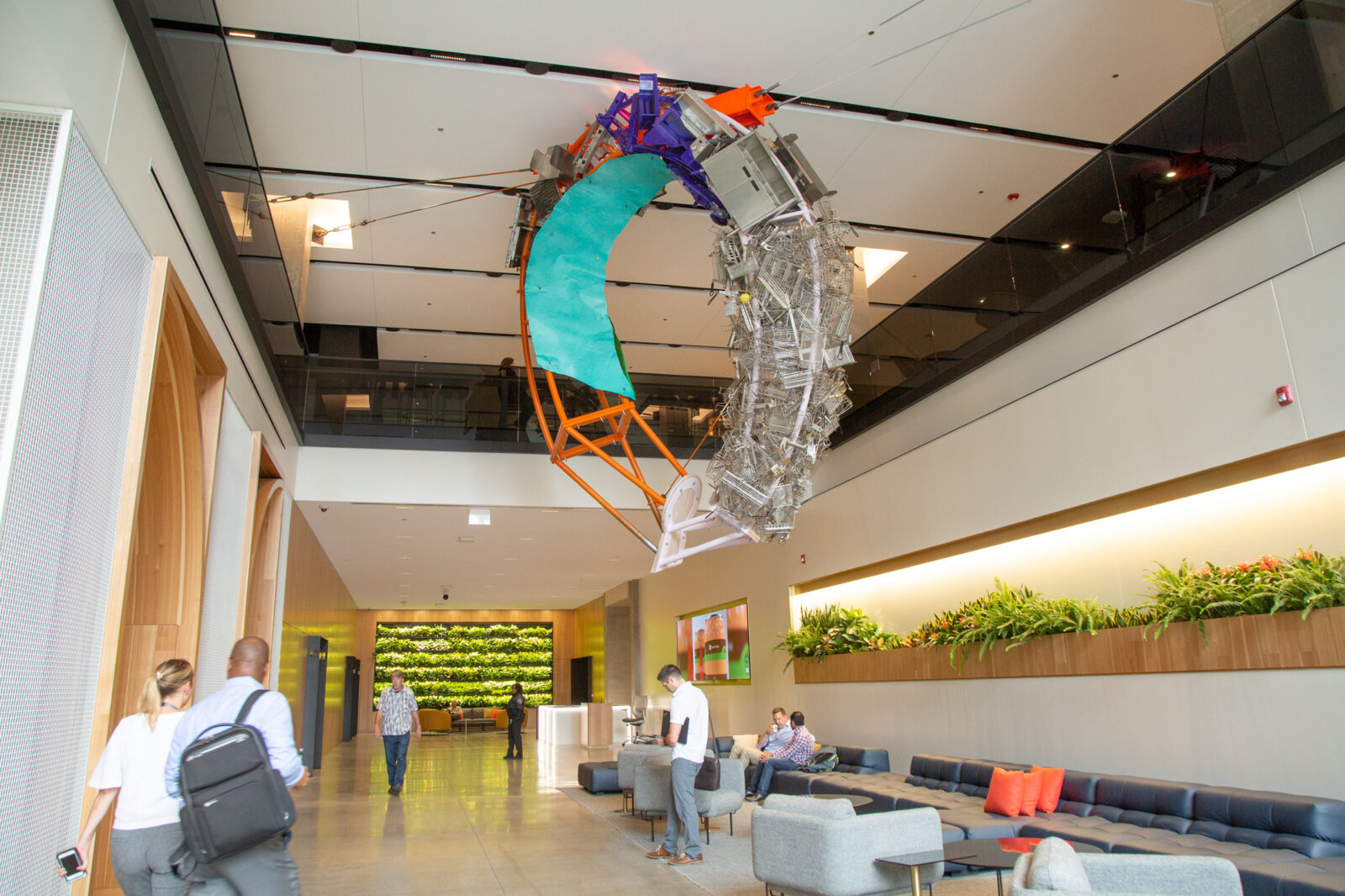 Jessica Stockholder, Cloud Storage, 2018, metal, cable, hardware, machines from McDonald’s kitchen, 240 x 168 x 60 in. (610 x 427 x 152 cm). Installation view, McDonald’s Global Headquarters, Chicago, USA