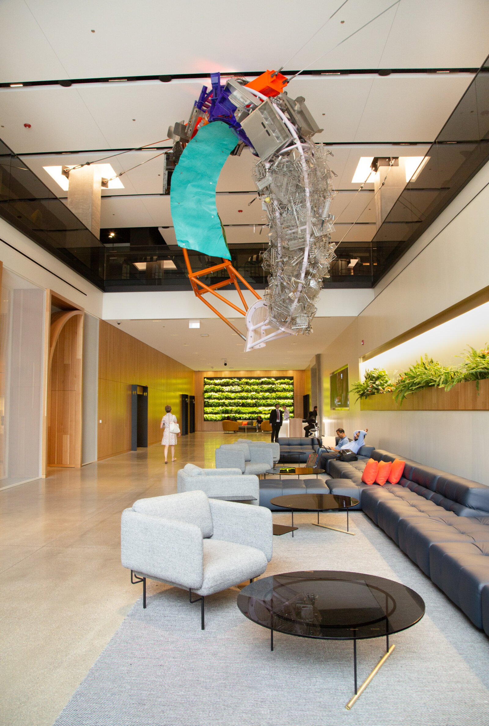 Jessica Stockholder, Cloud Storage, 2018, metal, cable, hardware, machines from McDonald’s kitchen, 240 x 168 x 60 in. (610 x 427 x 152 cm). Installation view, McDonald’s Global Headquarters, Chicago, USA