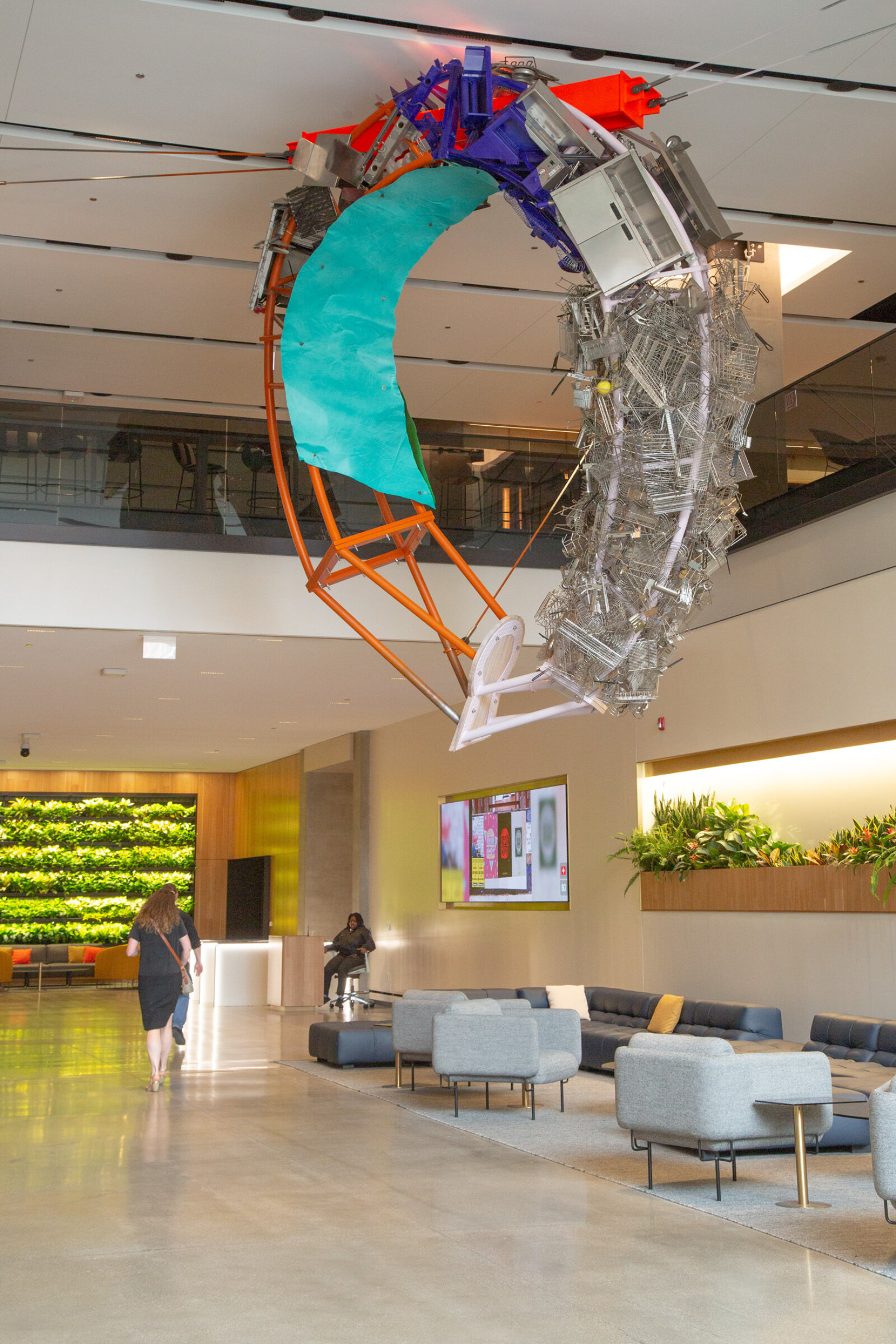 Jessica Stockholder, Cloud Storage, 2018, metal, cable, hardware, machines from McDonald’s kitchen, 240 x 168 x 60 in. (610 x 427 x 152 cm). Installation view, McDonald’s Global Headquarters, Chicago, USA