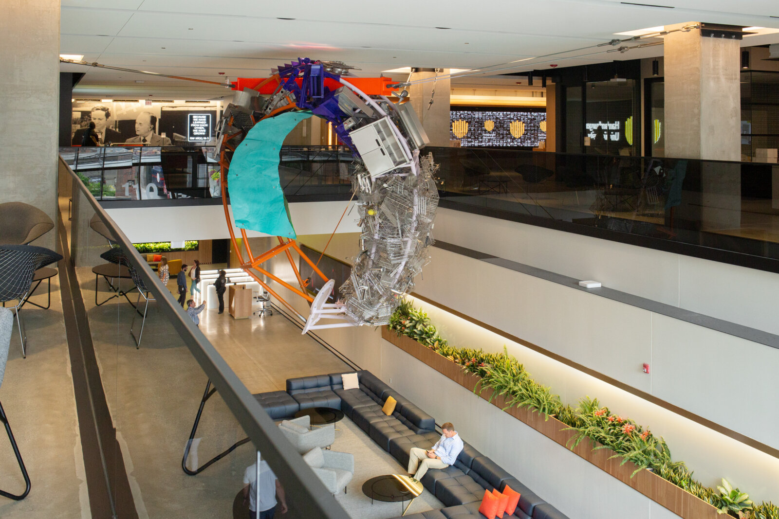 Jessica Stockholder, Cloud Storage, 2018, metal, cable, hardware, machines from McDonald’s kitchen, 240 x 168 x 60 in. (610 x 427 x 152 cm). Installation view, McDonald’s Global Headquarters, Chicago, USA