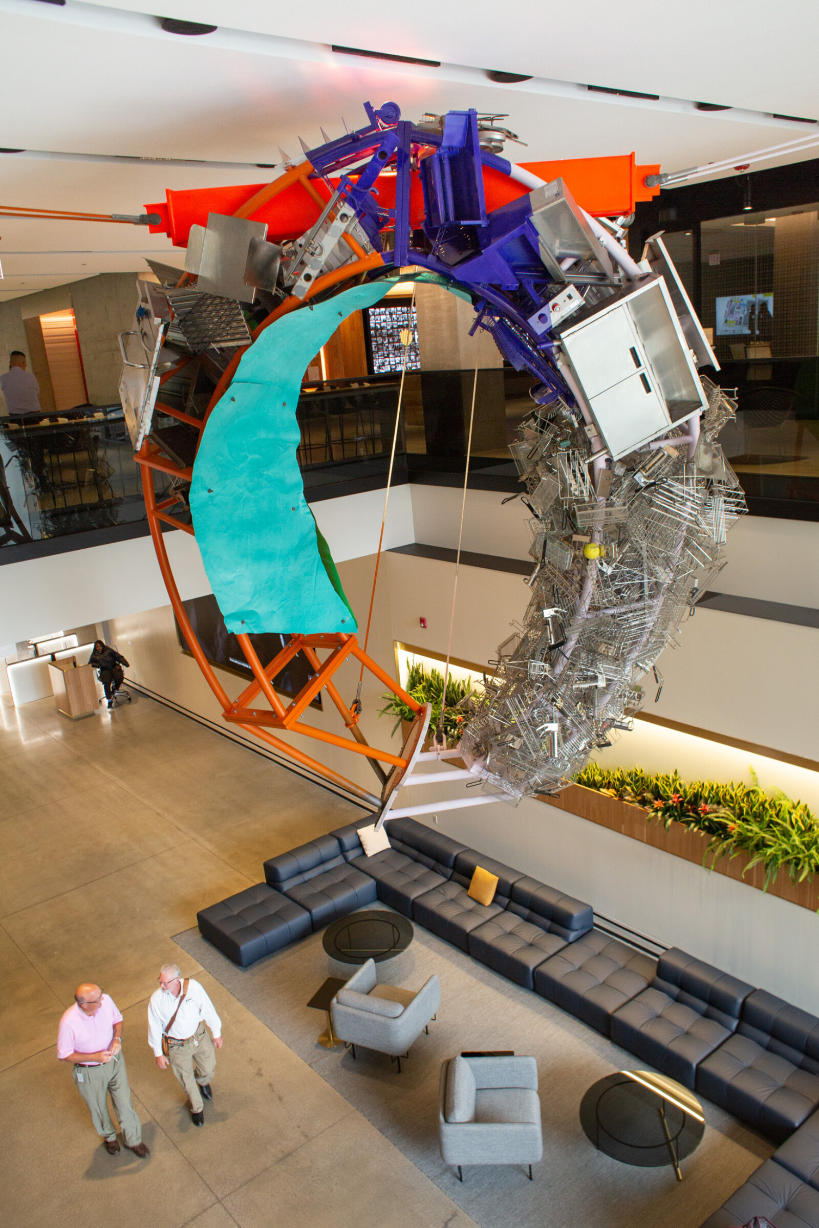 Jessica Stockholder, Cloud Storage, 2018, metal, cable, hardware, machines from McDonald’s kitchens, 240 x 168 x 60 in. (610 x 427 x 152 cm). Installation view, McDonald’s Global Headquarters, Chicago, USA