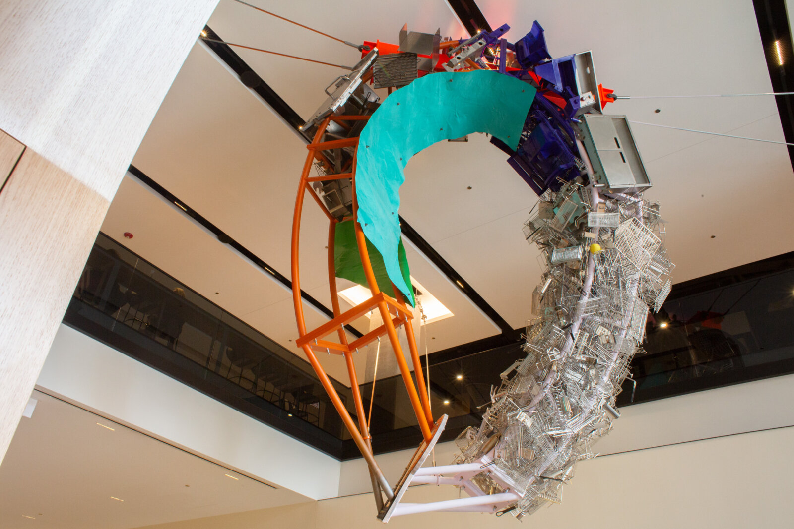 Jessica Stockholder, Cloud Storage, 2018, metal, cable, hardware, machines from McDonald’s kitchens, 240 x 168 x 60 in. (610 x 427 x 152 cm). Installation view, McDonald’s Global Headquarters, Chicago, USA