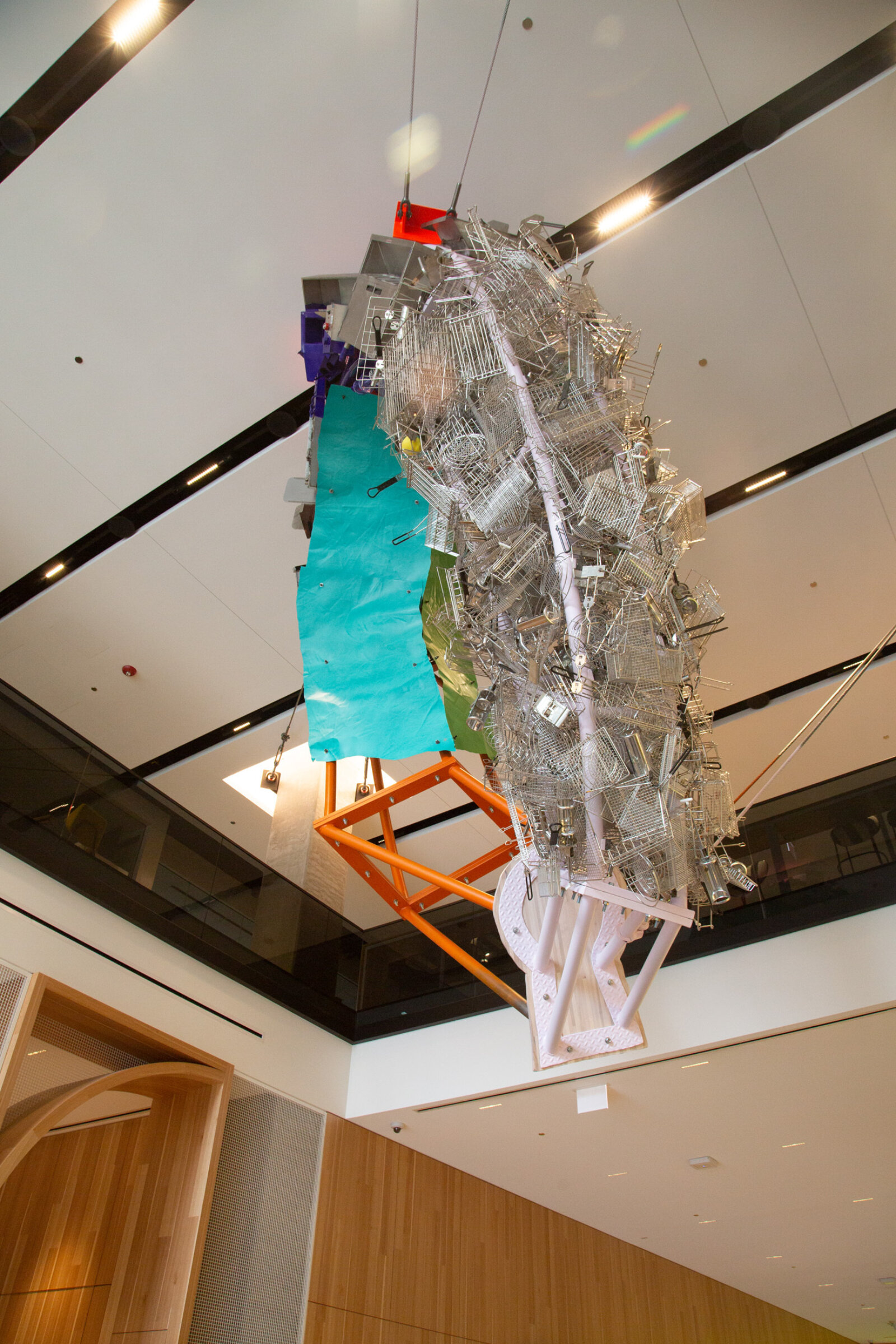 Jessica Stockholder, Cloud Storage, 2018, metal, cable, hardware, machines from McDonald’s kitchens, 240 x 168 x 60 in. (610 x 427 x 152 cm). Installation view, McDonald’s Global Headquarters, Chicago, USA