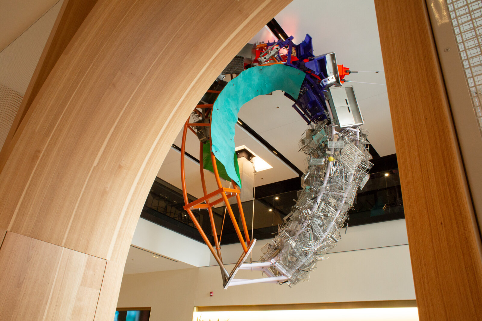 Jessica Stockholder, Cloud Storage, 2018, metal, cable, hardware, machines from McDonald’s kitchens, 240 x 168 x 60 in. (610 x 427 x 152 cm). Installation view, McDonald’s Global Headquarters, Chicago, USA