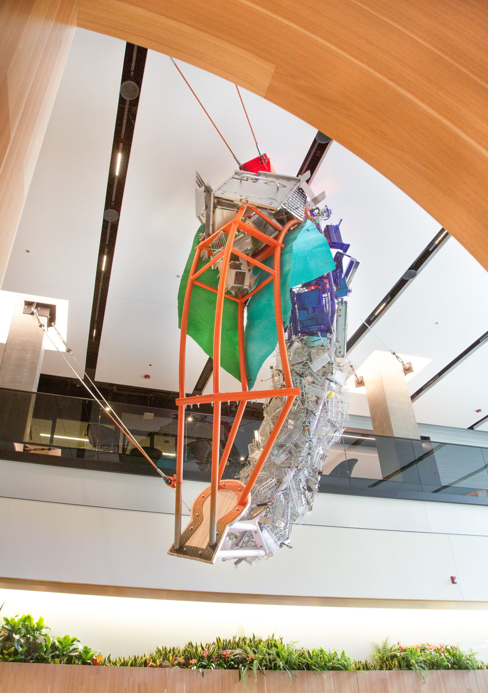 Jessica Stockholder, Cloud Storage, 2018, metal, cable, hardware, machines from McDonald’s kitchens, 240 x 168 x 60 in. (610 x 427 x 152 cm). Installation view, McDonald’s Global Headquarters, Chicago, USA