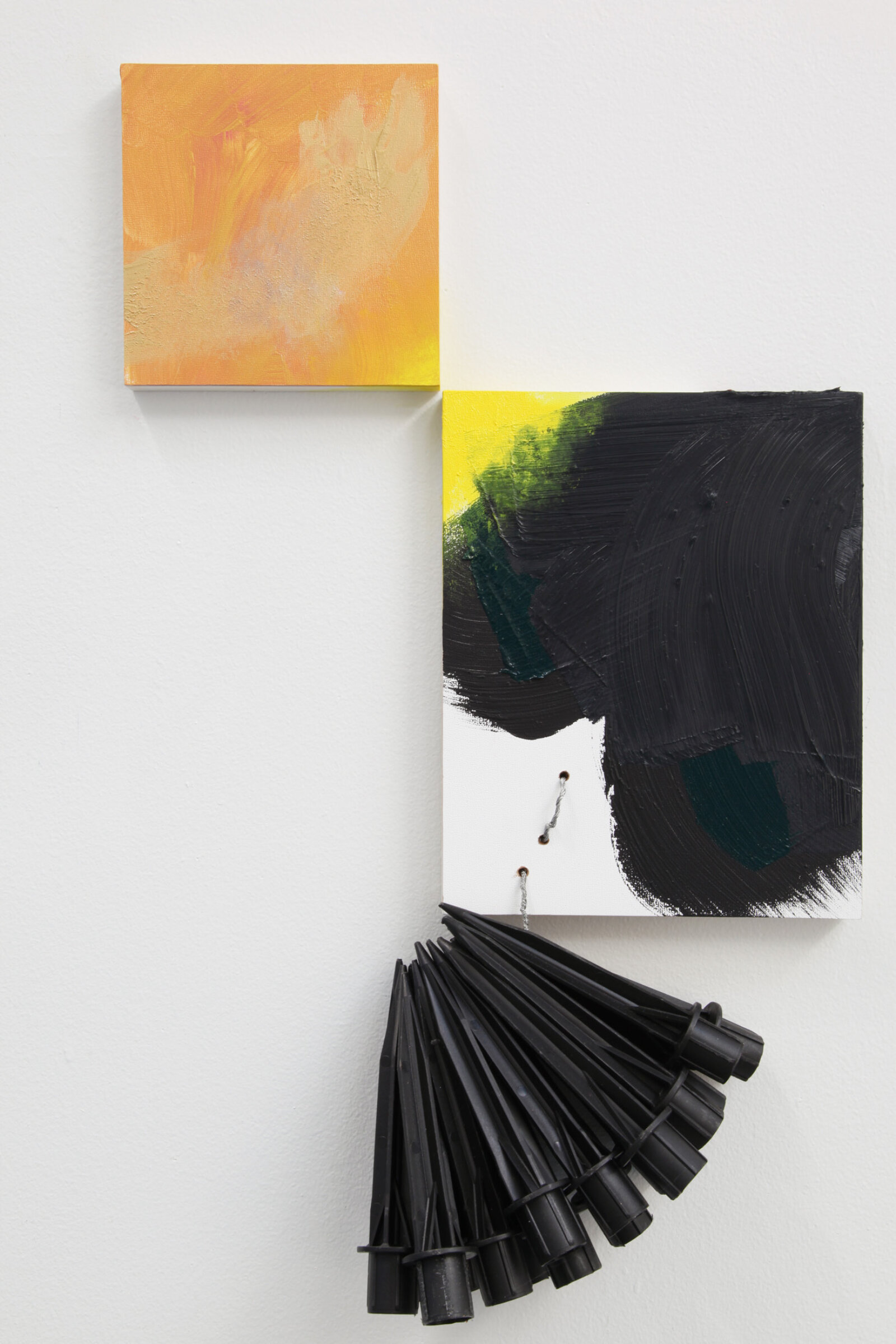 Jessica Stockholder, Cornered, 2016, canvas board, acrylic and oil paint, plastic parts, wire, 14 x 14 x 3 in. (36 x 36 x 8 cm)