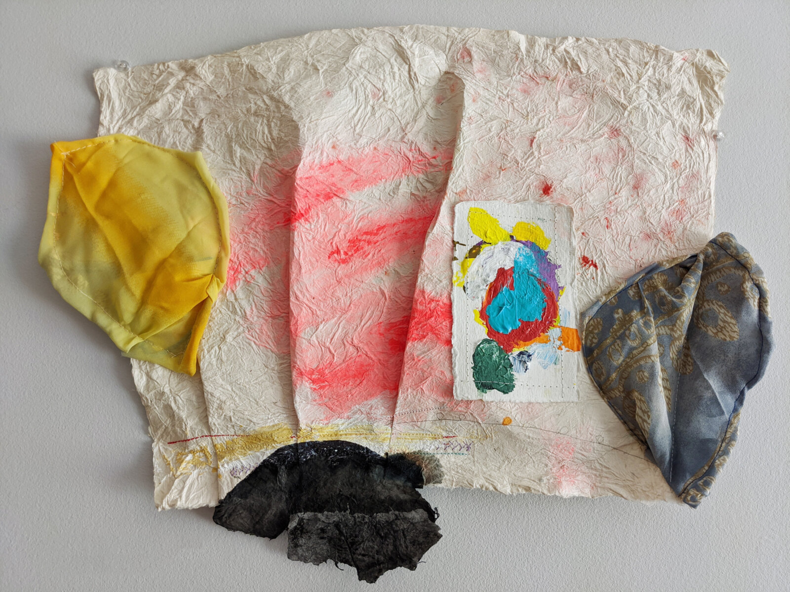 Jessica Stockholder, Corona Virus homework #36: Patches Yield, 2020, Lokta paper, watercolour paper, silk, acrylic paint, marker, pencil crayon, thread, 20 x 16 in. (51 x 39 cm)