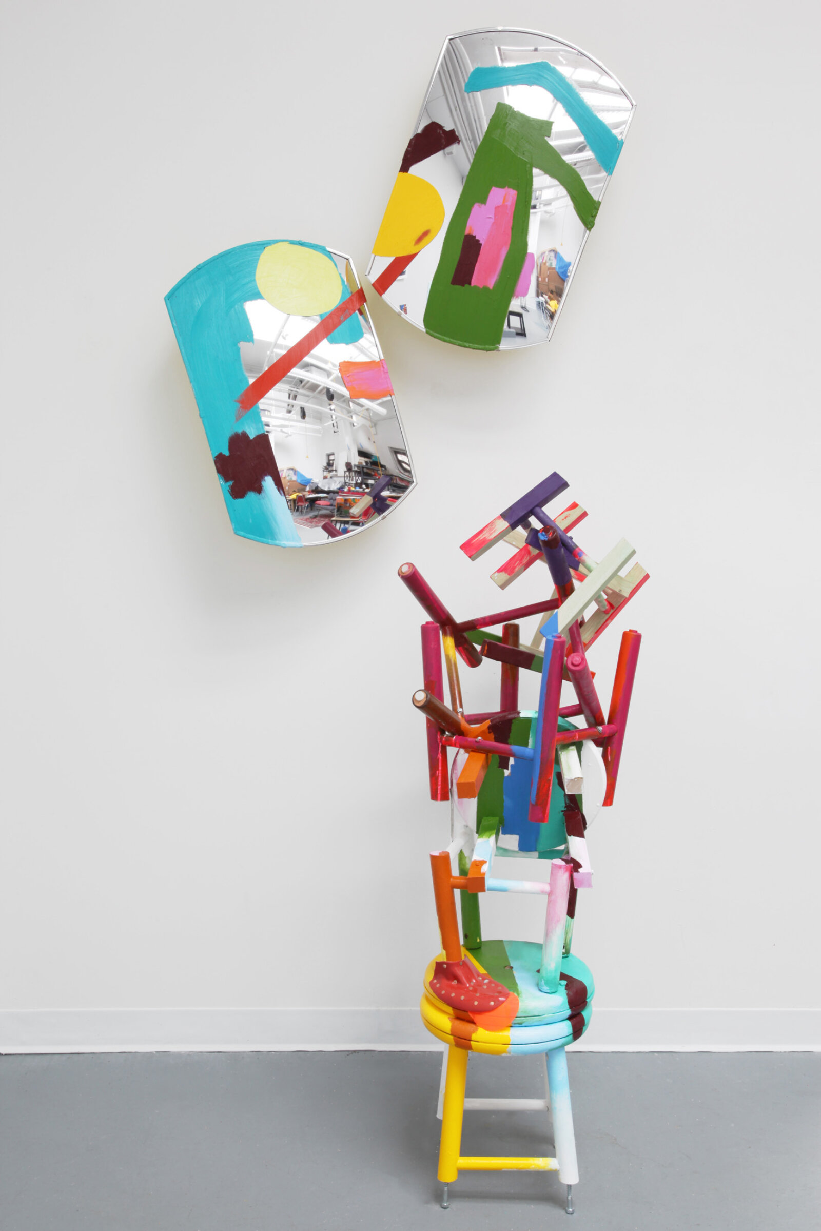 Jessica Stockholder, Four Eyes, 2019, 2 driveway mirrors, stool parts, hardware, oil and acrylic paint, rubber boot, 89 x 40 x 30 in. (225 x 102 x 76 cm)