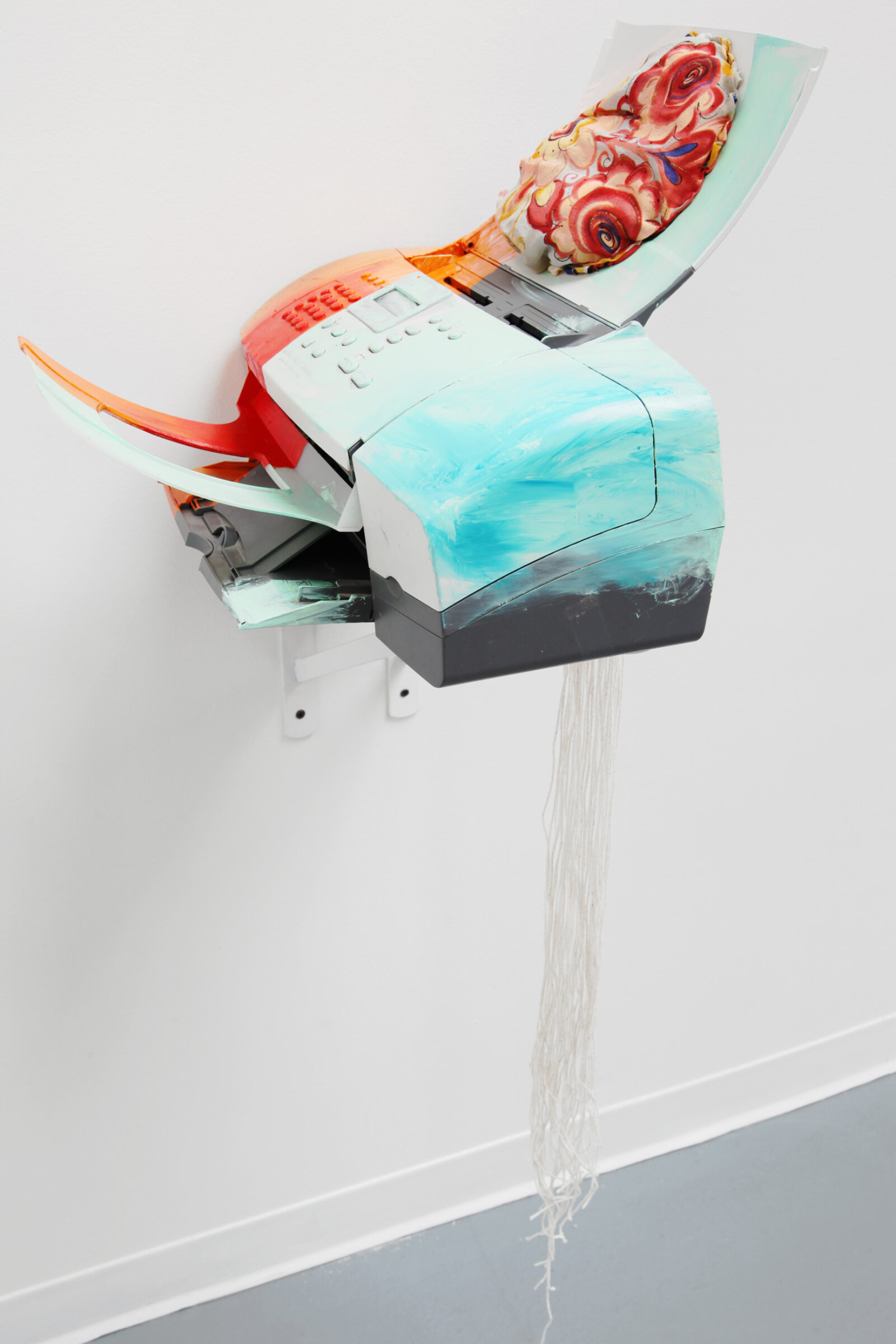 Jessica Stockholder, Hairspray, 2017, printer, oil paint, copper plate, cotton string, silk scarf, 2 white brackets, 52 x 17 x 17 in. (131 x 43 x 43 cm)
