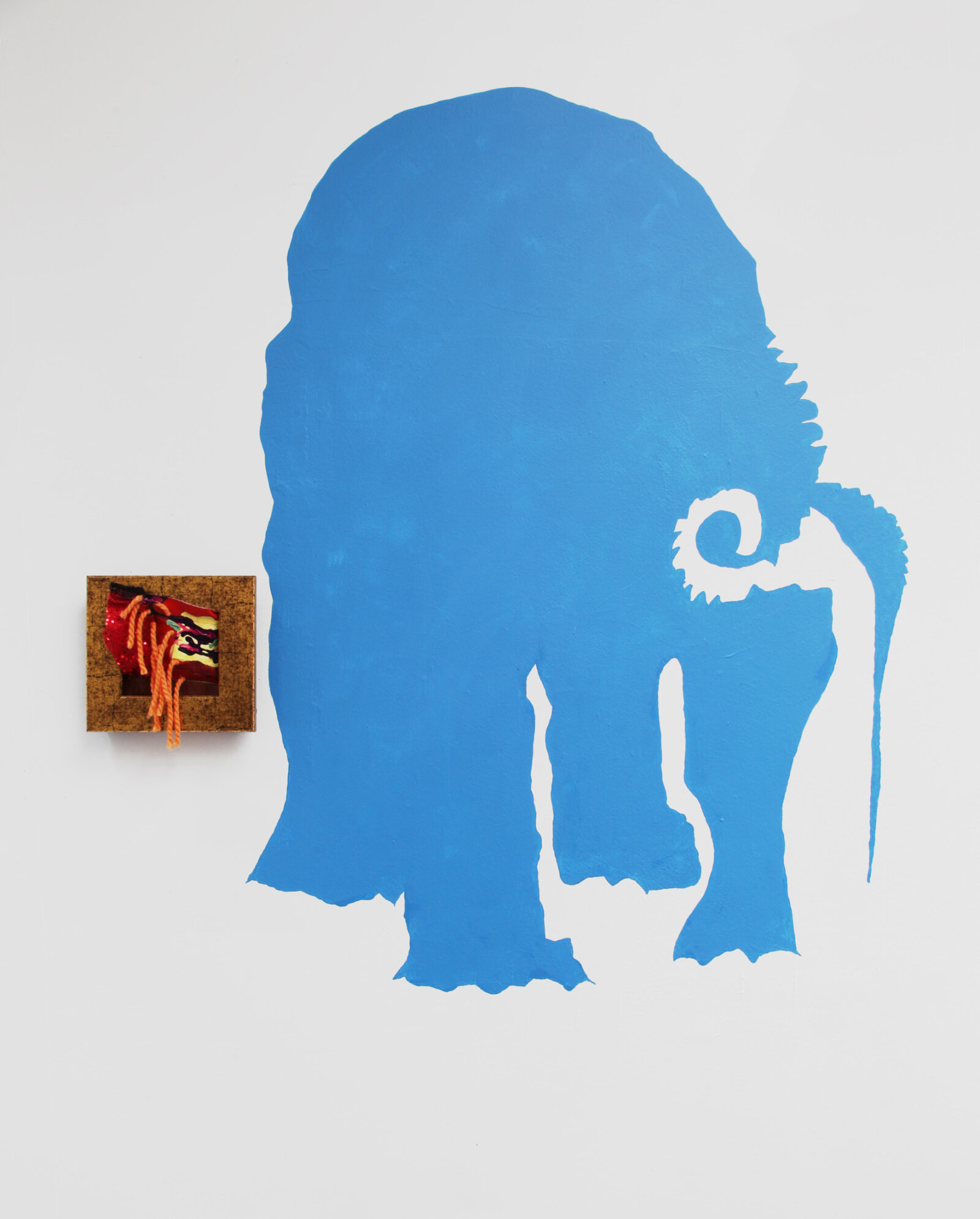 Jessica Stockholder, Heffalump tears: Specific Shape plus Object, 2022, frame, fabric, acrylic paint, yarn, sequins, 53 x 48 x 4 in. (135 x 122 x 10 cm)
