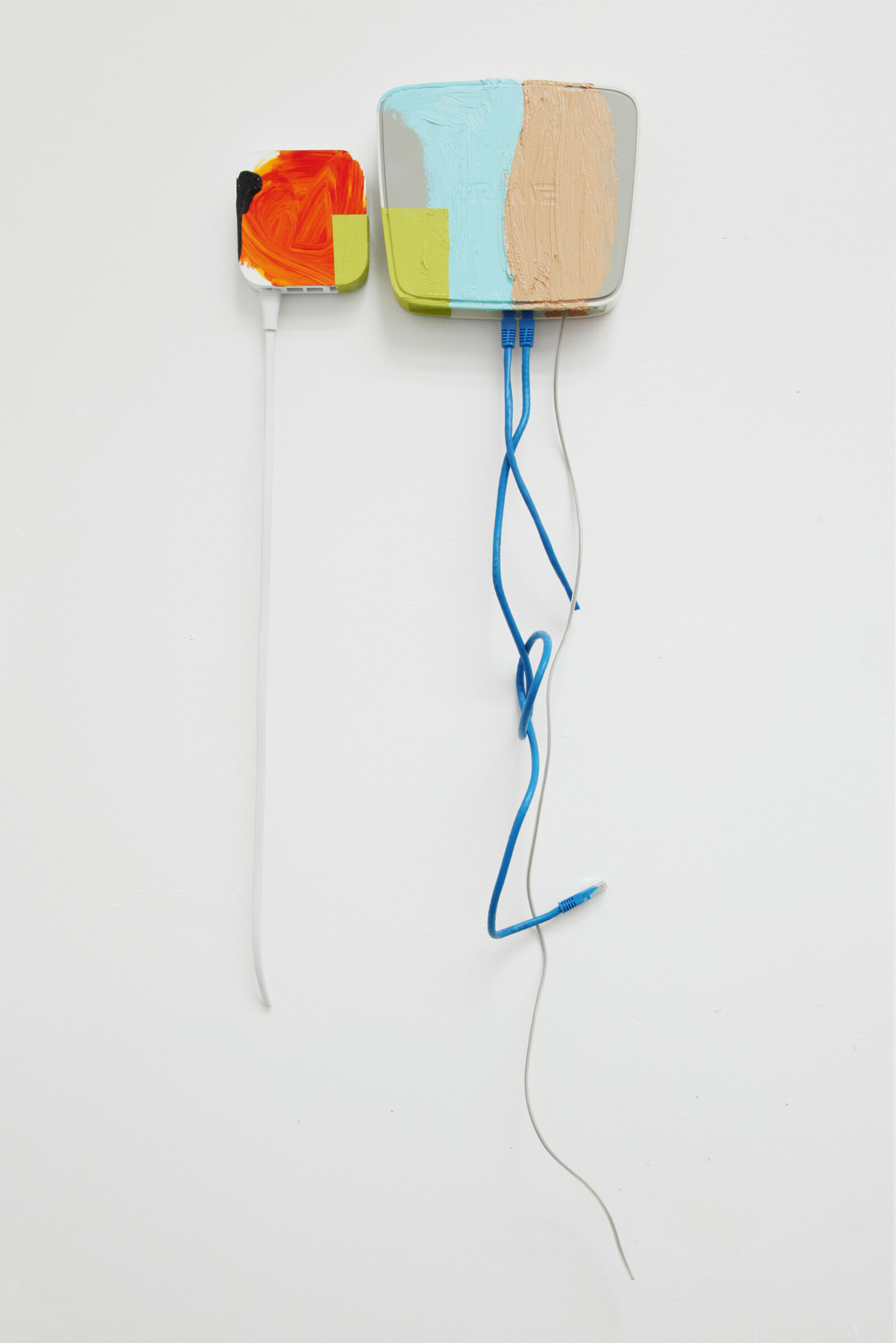Jessica Stockholder, Inverted Drama, 2018, 2 airports, cords, oil paint, 34 x 12 x 12 in. (86 x 31 x 31 cm)