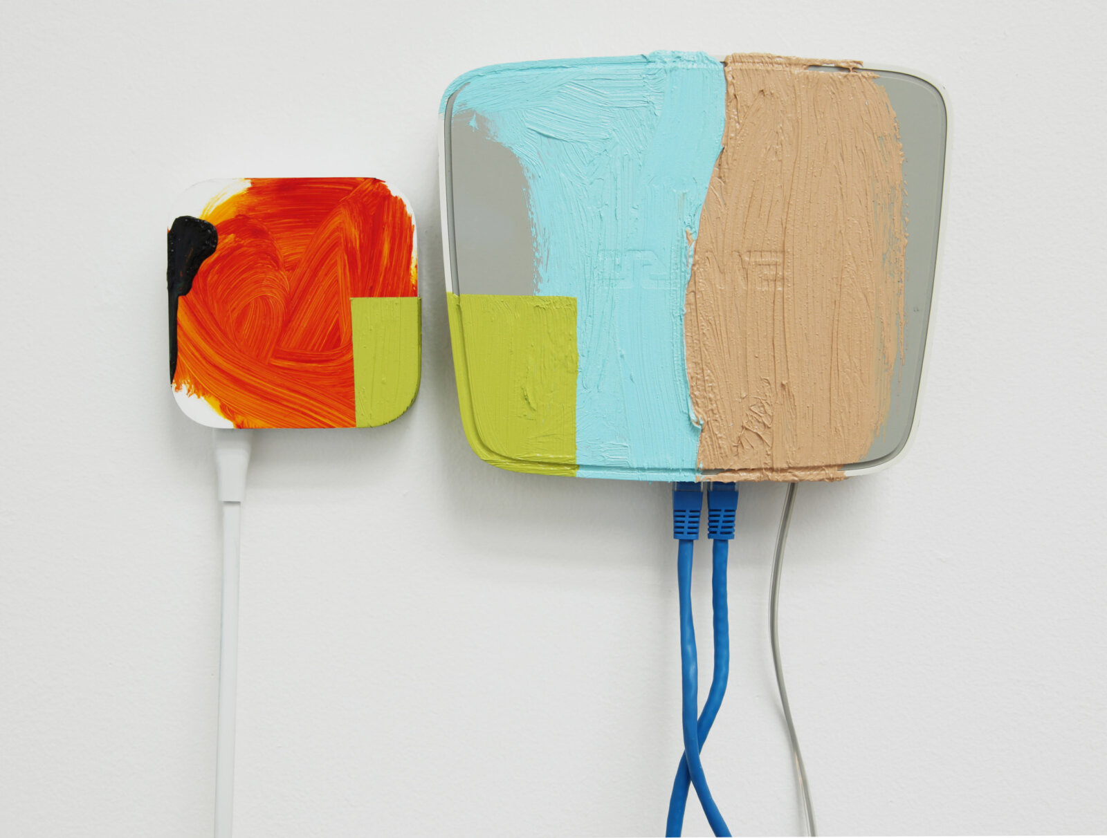 Jessica Stockholder, Inverted Drama (detail), 2018, 2 airports, cords, oil paint, 34 x 12 x 12 in. (86 x 31 x 31 cm)