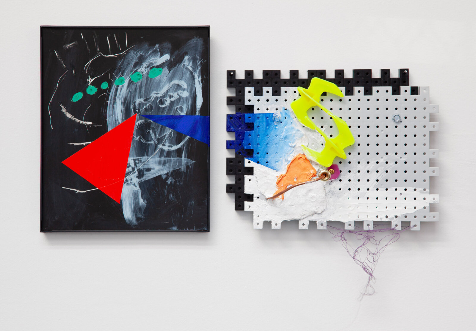 Jessica Stockholder, J in Space, 2014, frame, toy plastic grids, oil and acrylic paint, hardware, copper tubing, plastic parts, thread, sculpy, 22 x 19 x 3 in. (56 x 48 x 6 cm)