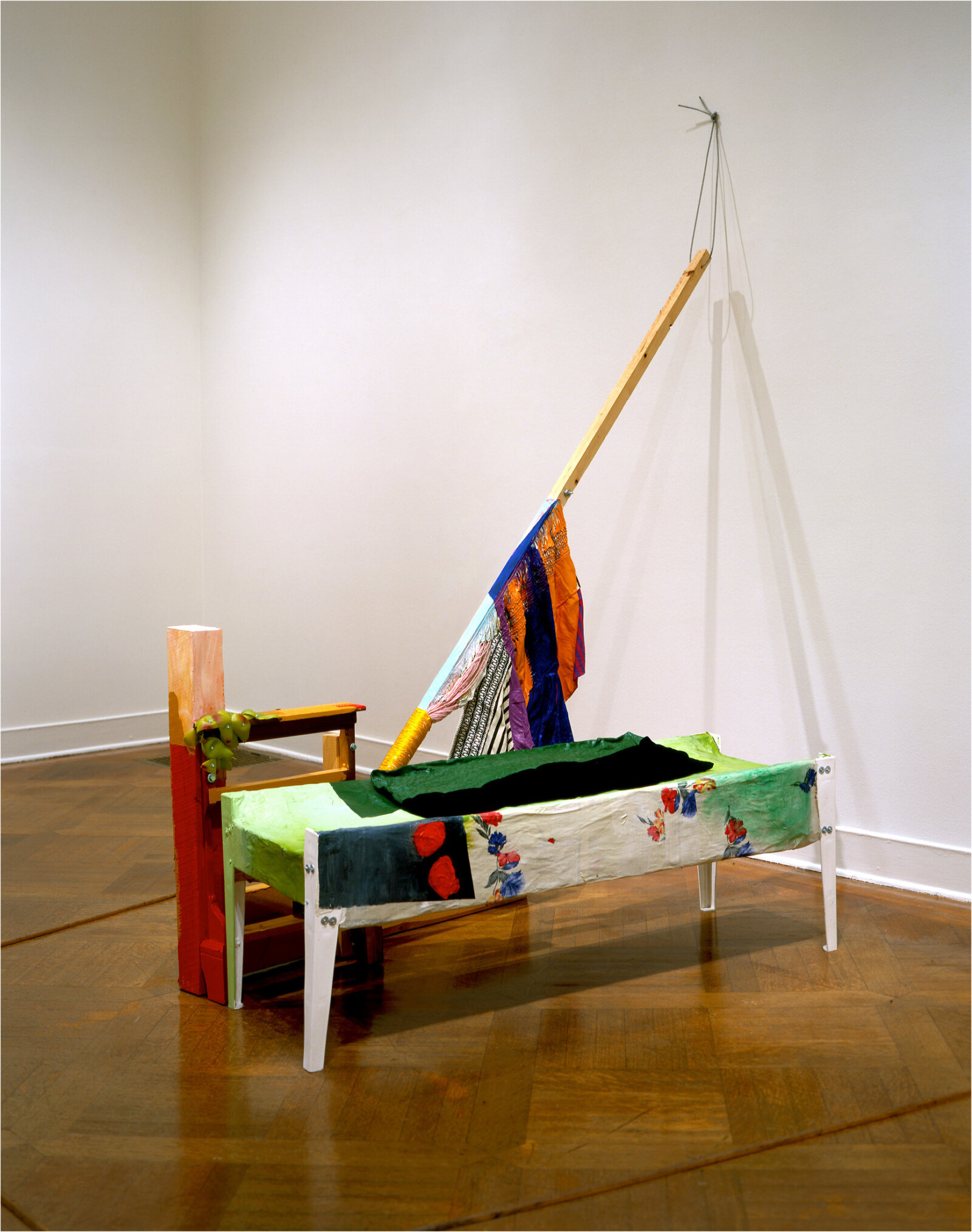 Jessica Stockholder, JS205, 1993, plastic sink, tool box, aluminum tubing, wood, wire, acrylic yarn, hardware, light fixture, acrylic and oil paint, 72 x 38 x 16 in. (183 x 97 x 41 cm)