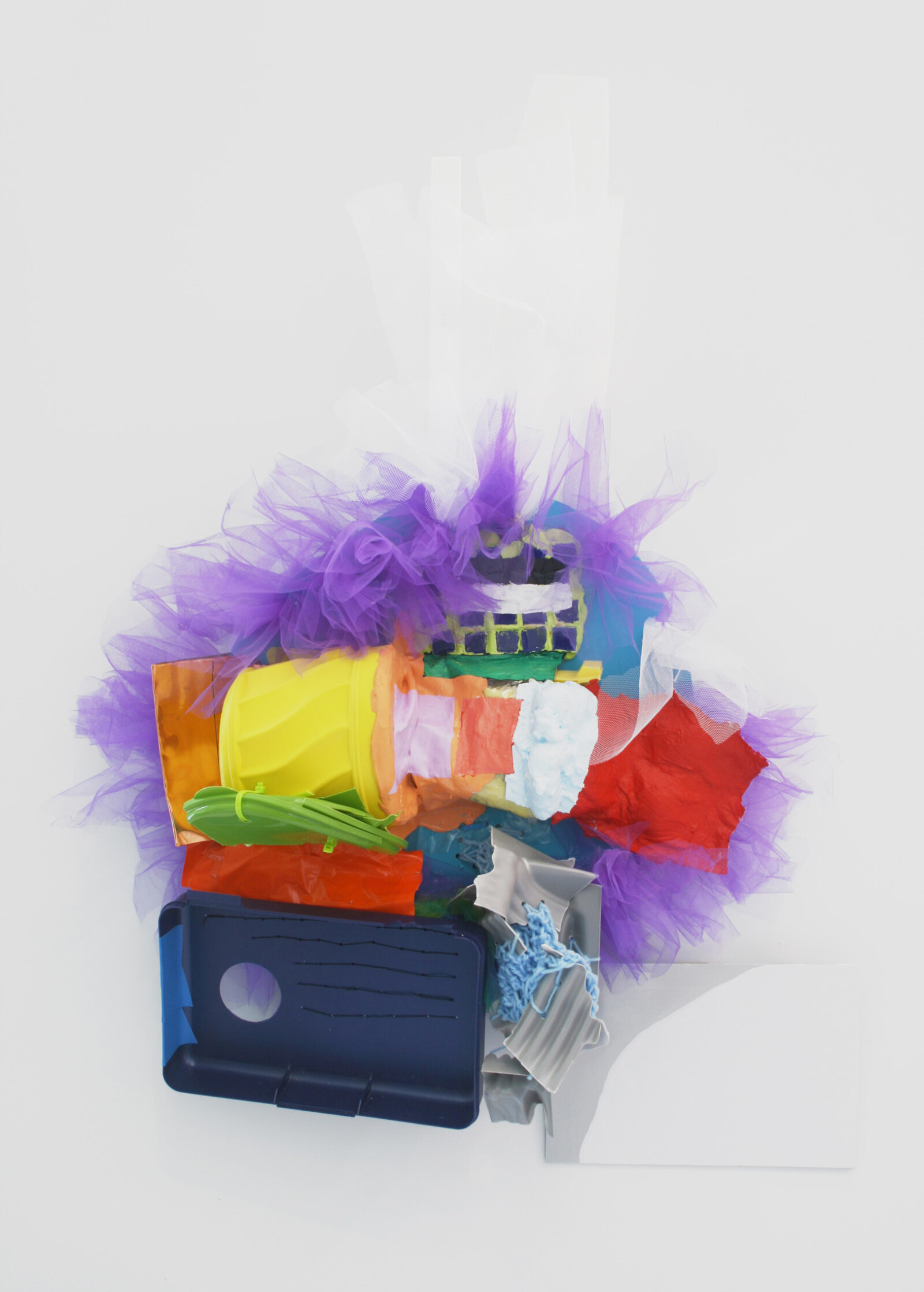 Jessica Stockholder, JS447, 2007, plastic parts, copper flashing, ceramic tiles, advesive, Lexal caulking adhesive, acrylic paint, plastic shower curtain, plastic zip ties, cardboard, aluminum flashing, 38 x 28 x 8 in. (97 x 71 x 19 cm)