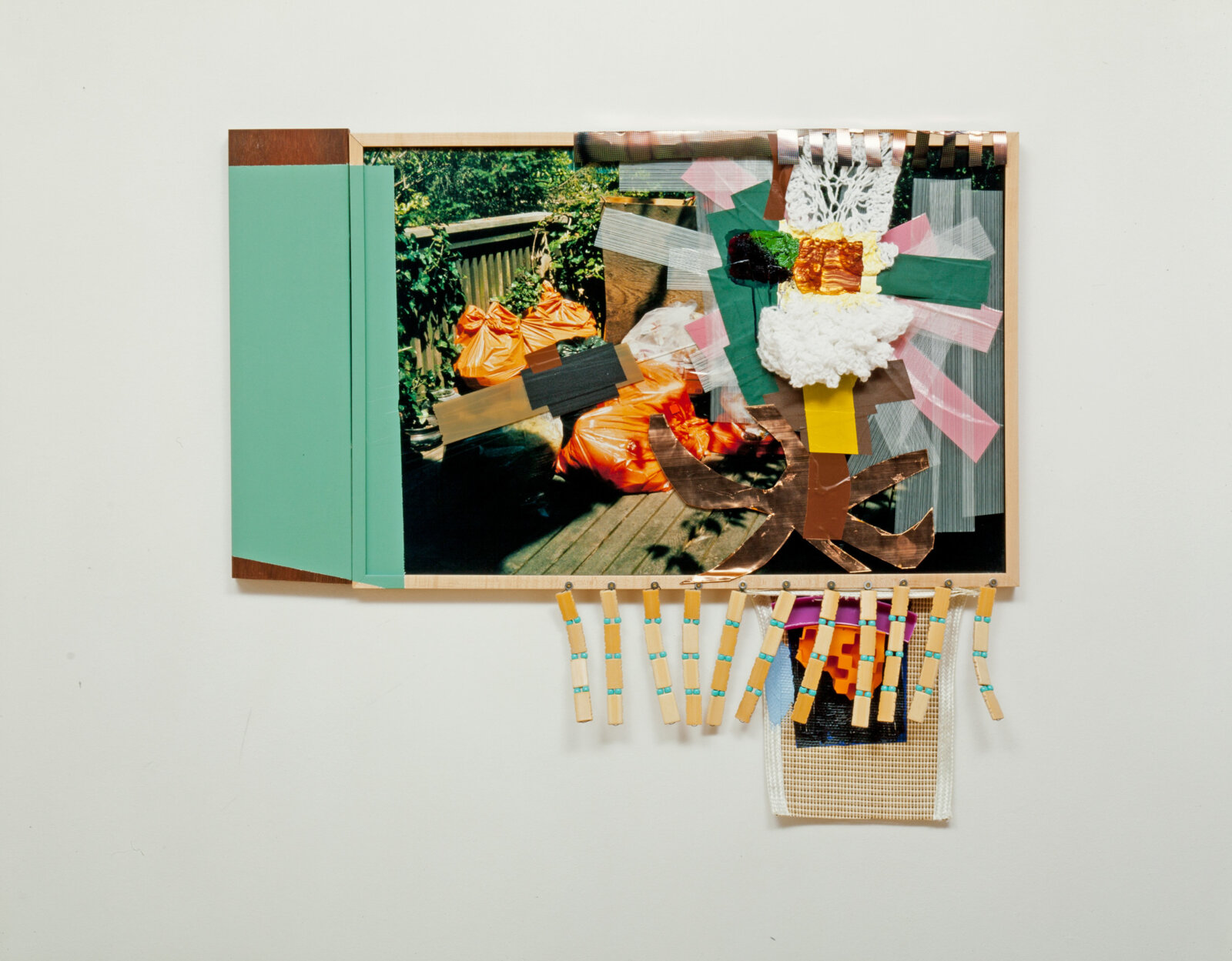 Jessica Stockholder, JS449, 2007, photograph, copper flashing, acrylic yarn, frame, wooden board, tape, glass, plastic parts, beads, printed paper, acrylic and oil paint, 37 x 32 x 6 in. (93 x 80 x 15 cm)