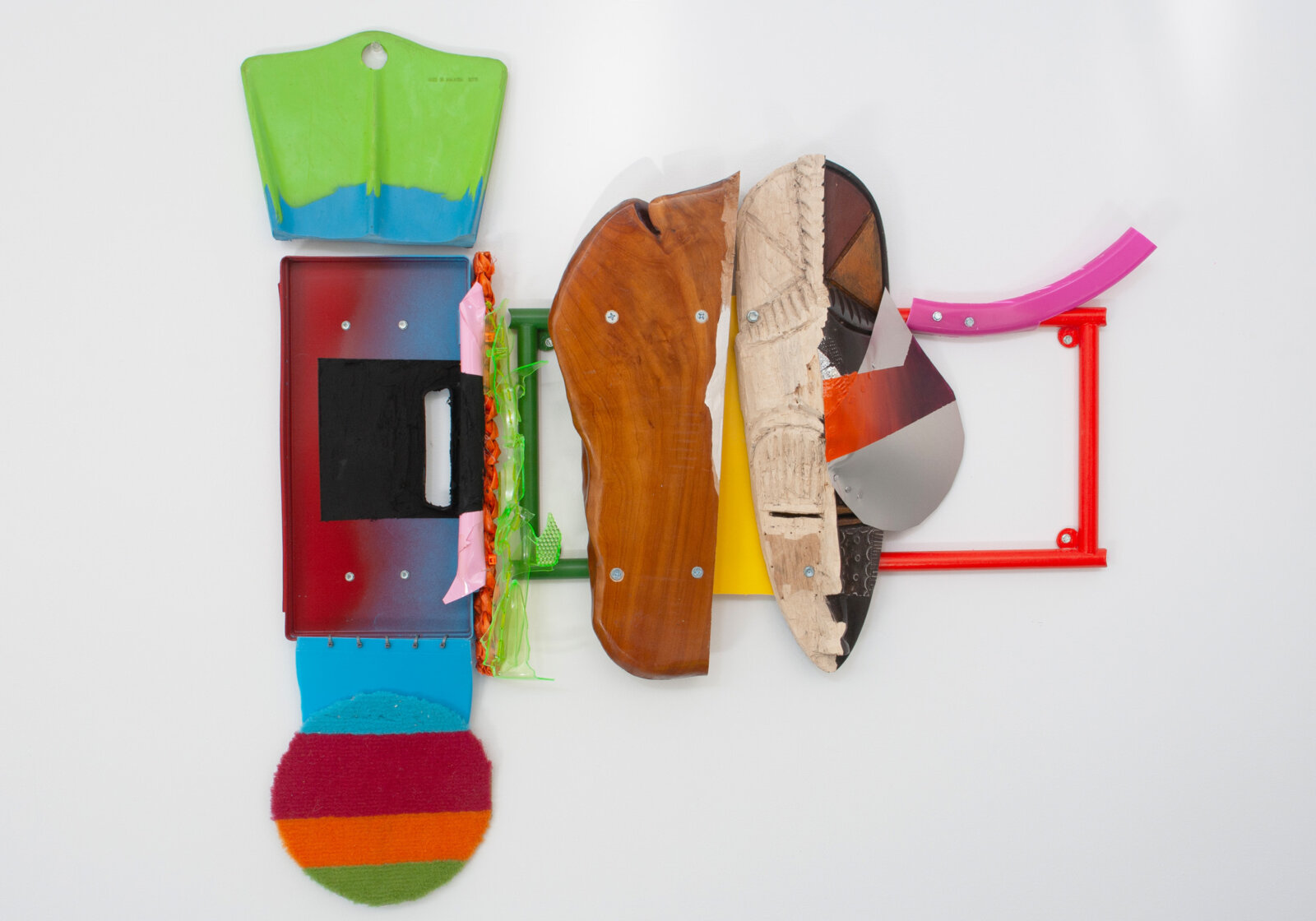 Jessica Stockholder, JS482, 2008, metal shelf frame, carpet, rubber flipper, plastic parts, Ghanaian mask, aluminum flashing, hardware, spray paint, oil paint, wood, straw, 32 x 32 x 4 in. (81 x 81 x 9 cm)