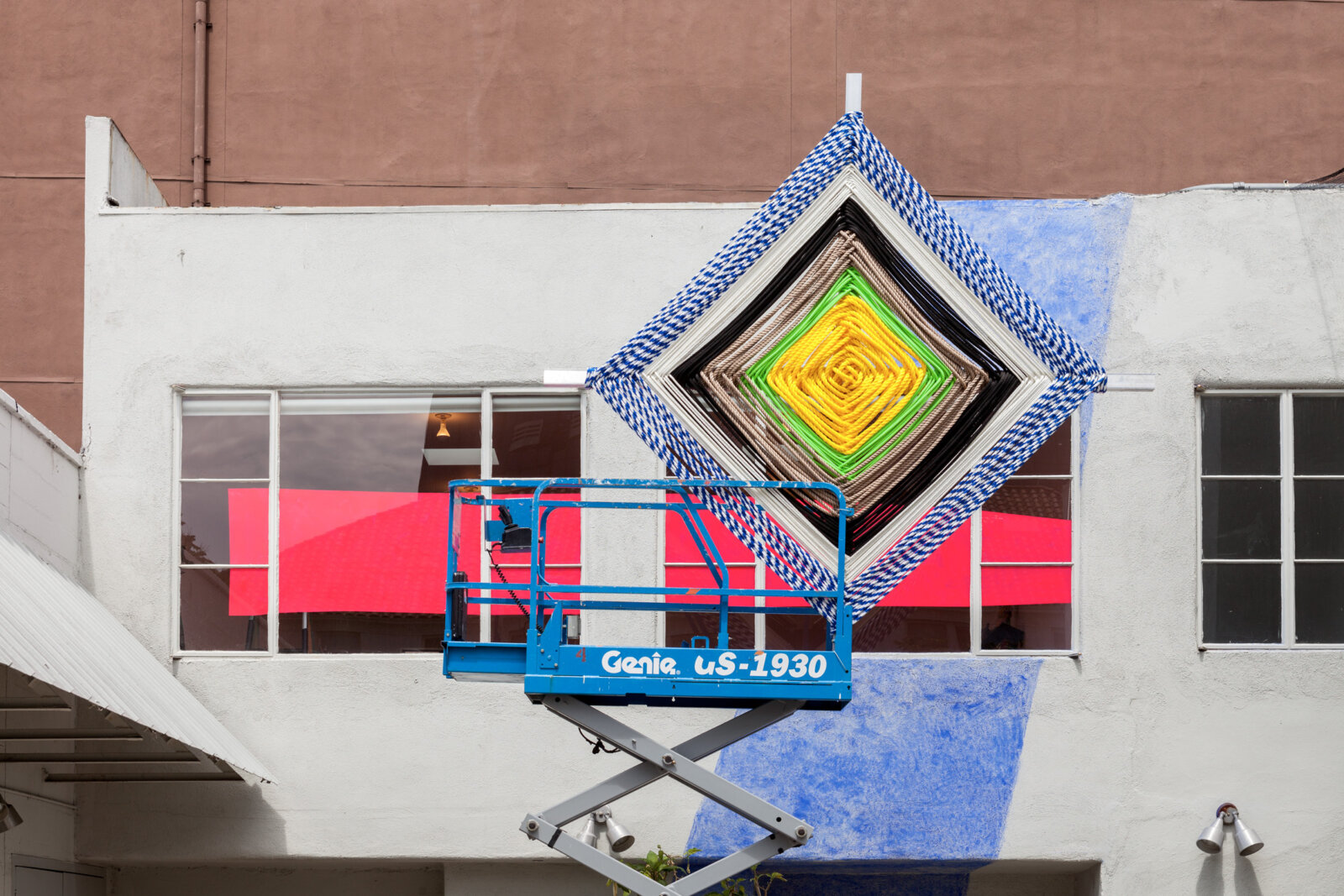Jessica Stockholder, Lift, 2013, scissor lift, marine rope, aluminum tubing