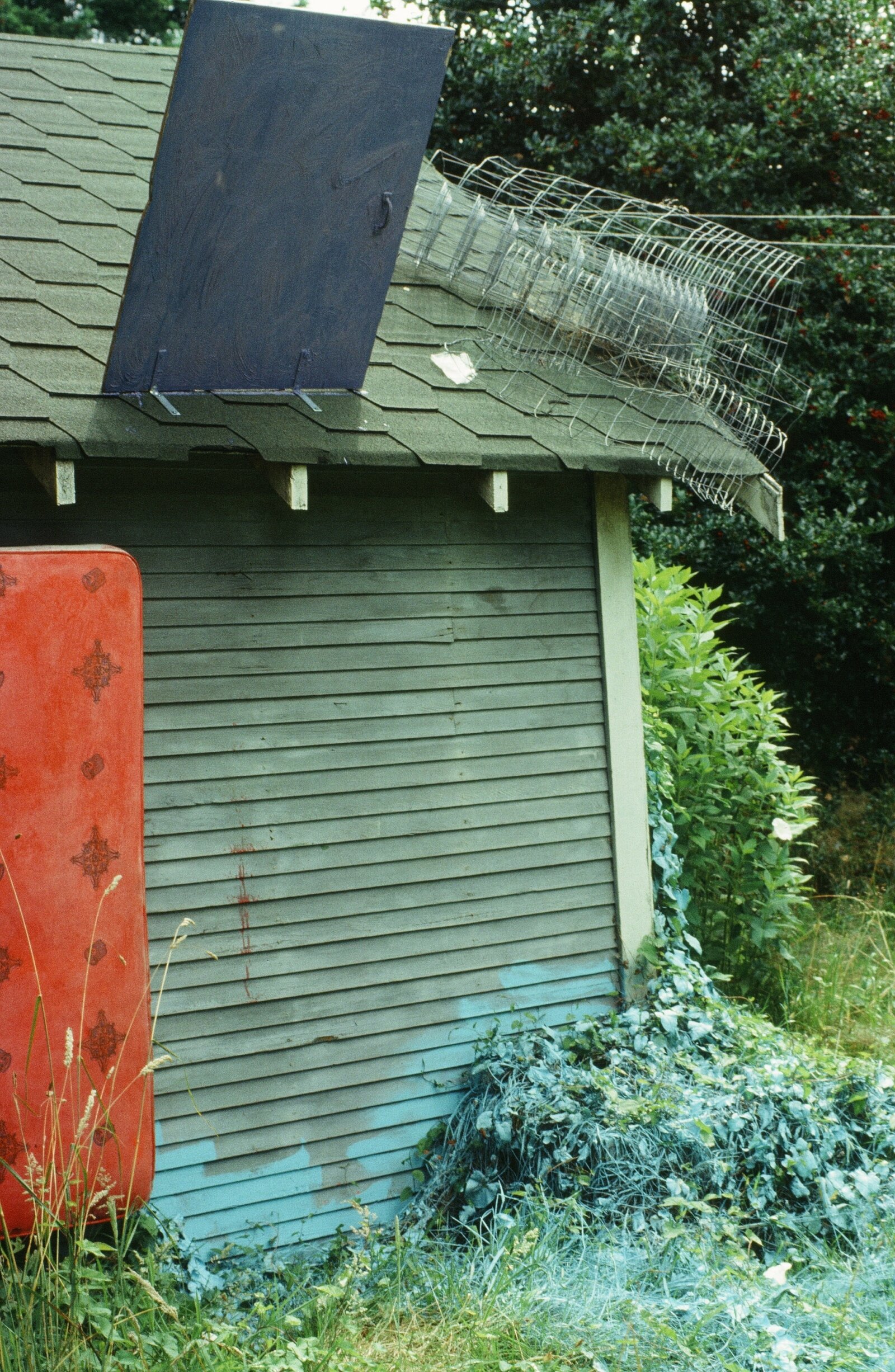 Jessica Stockholder, My Father’s Backyard, 1983, mattress, chicken wire, cupboard door, paint on grass, dimensions variable