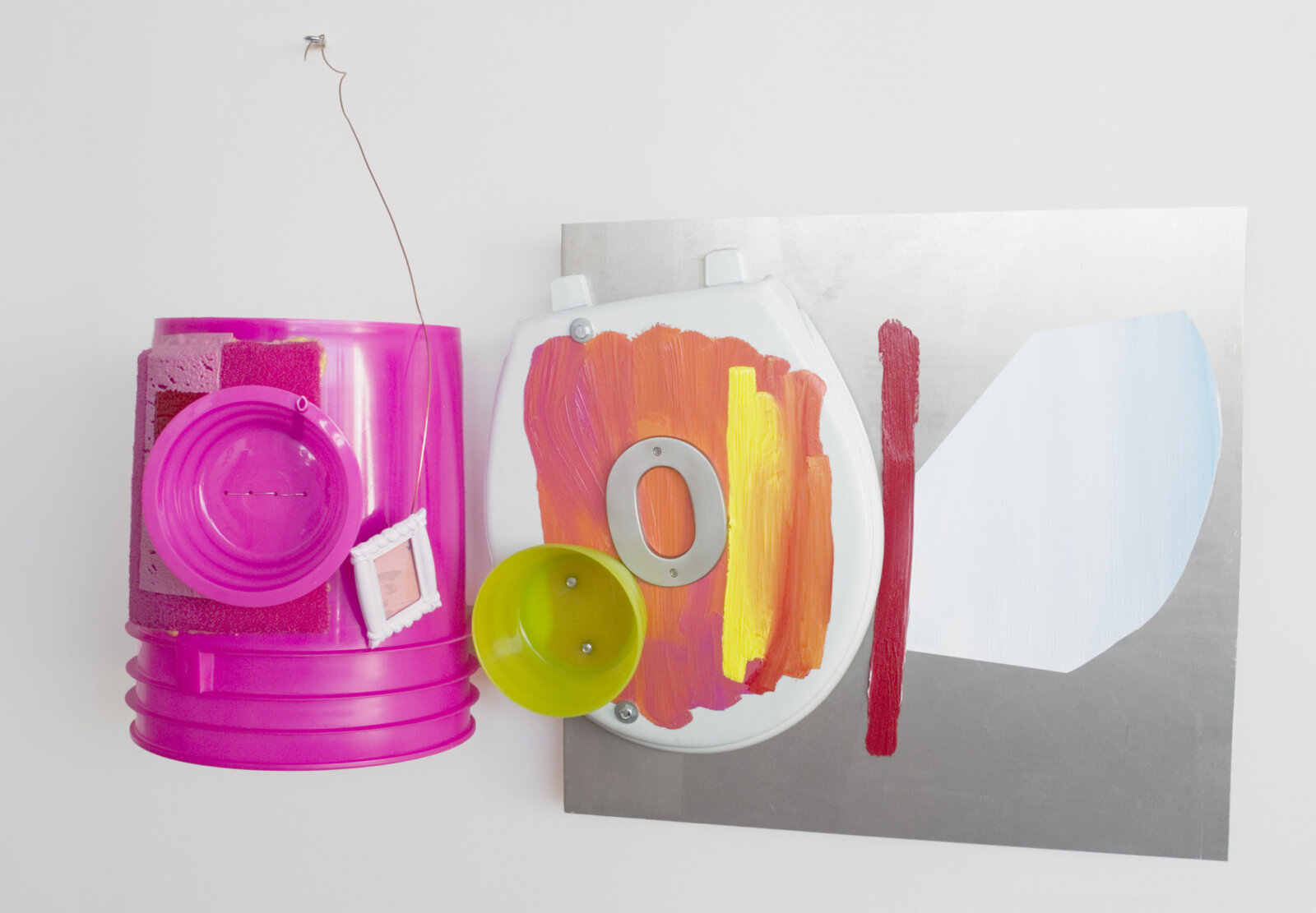 Jessica Stockholder, Rawhide Harangue of Aching Indices as Told by Light, 2005, plastic bins, ceramic vessels, lamps, red bulbs, carpets, acrylic paint, dropped ceiling, fluorescent fixtures and bulbs, aluminum foil