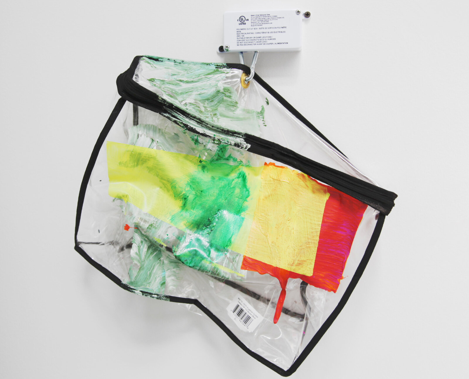 Jessica Stockholder, Text Bubble, 2014, soft plastic volume, acrylic paint, barcode sticker, electrical plastic box, hardware, 18 x 16 x 5 in. (46 x 41 x 13 cm)