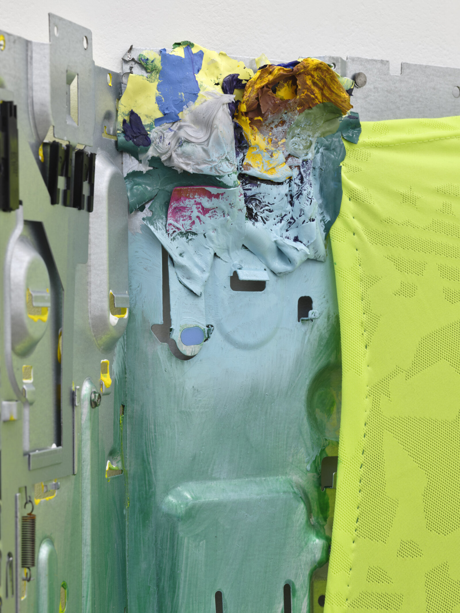 Jessica Stockholder, The Watchman (detail), 2022, computer cases, fabric, thread, acrylic and oil paint, plaster, hardware, glue, 16 x 39 x 8 in. (41 x 98 x 19 cm)