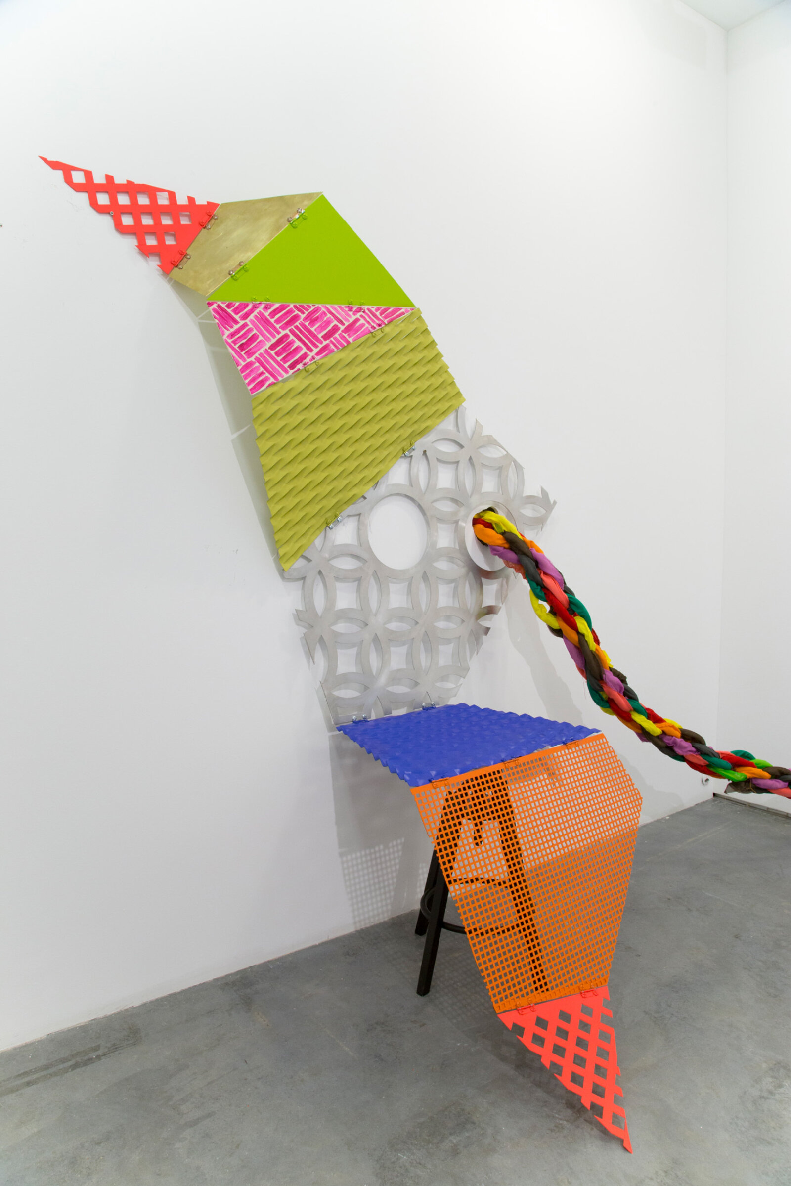 Jessica Stockholder, Tied to be fit – middle period (detail), 2021, perforated sheets, hinges, bolts, paint, stool, 84 x 66 x 44 in. (214 x 168 x 112 cm)