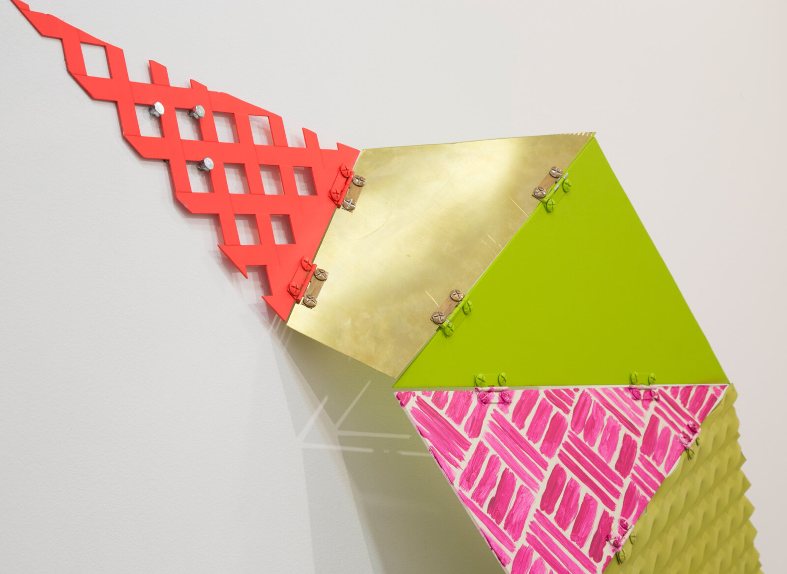 Jessica Stockholder, Tied to be fit – middle period (detail), 2021, perforated sheets, hinges, bolts, paint, stool, 84 x 66 x 44 in. (214 x 168 x 112 cm)