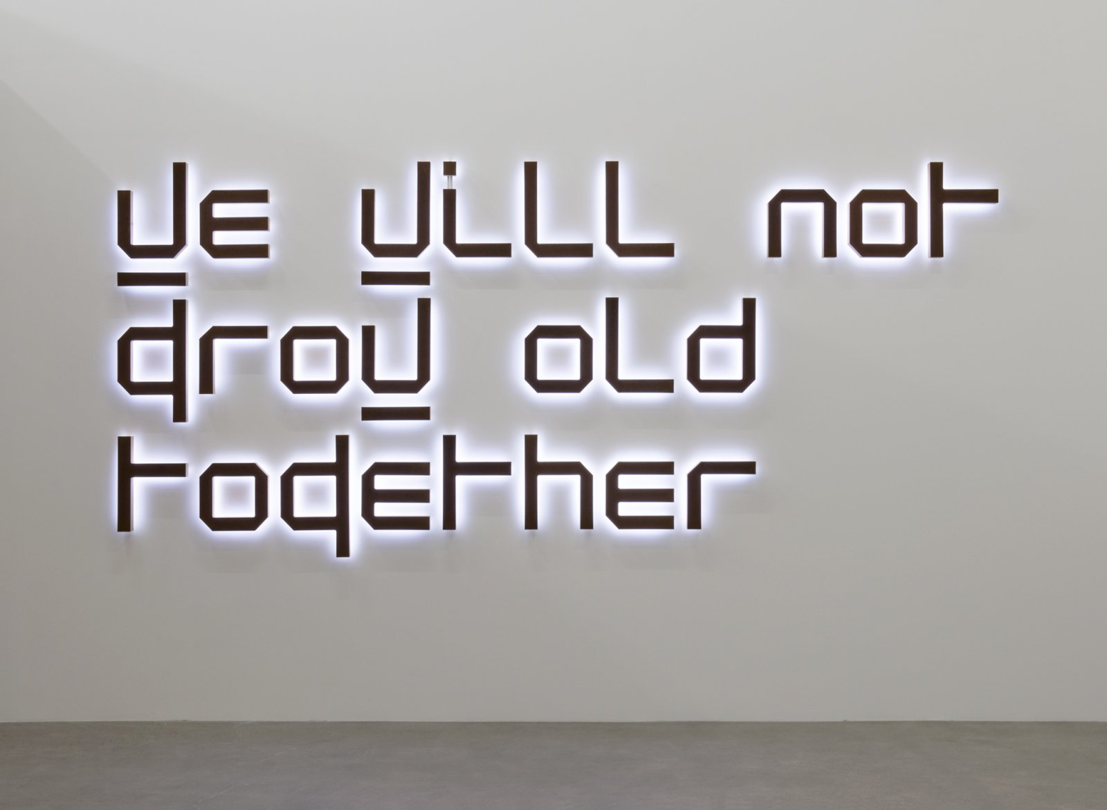 ​Ron Terada, We Will Not Grow Old Together, 2014, white neon, rusted corten steel, birch plywood, 61 x 136 x 3 in. (155 x 345 x 8 cm) by Ron Terada