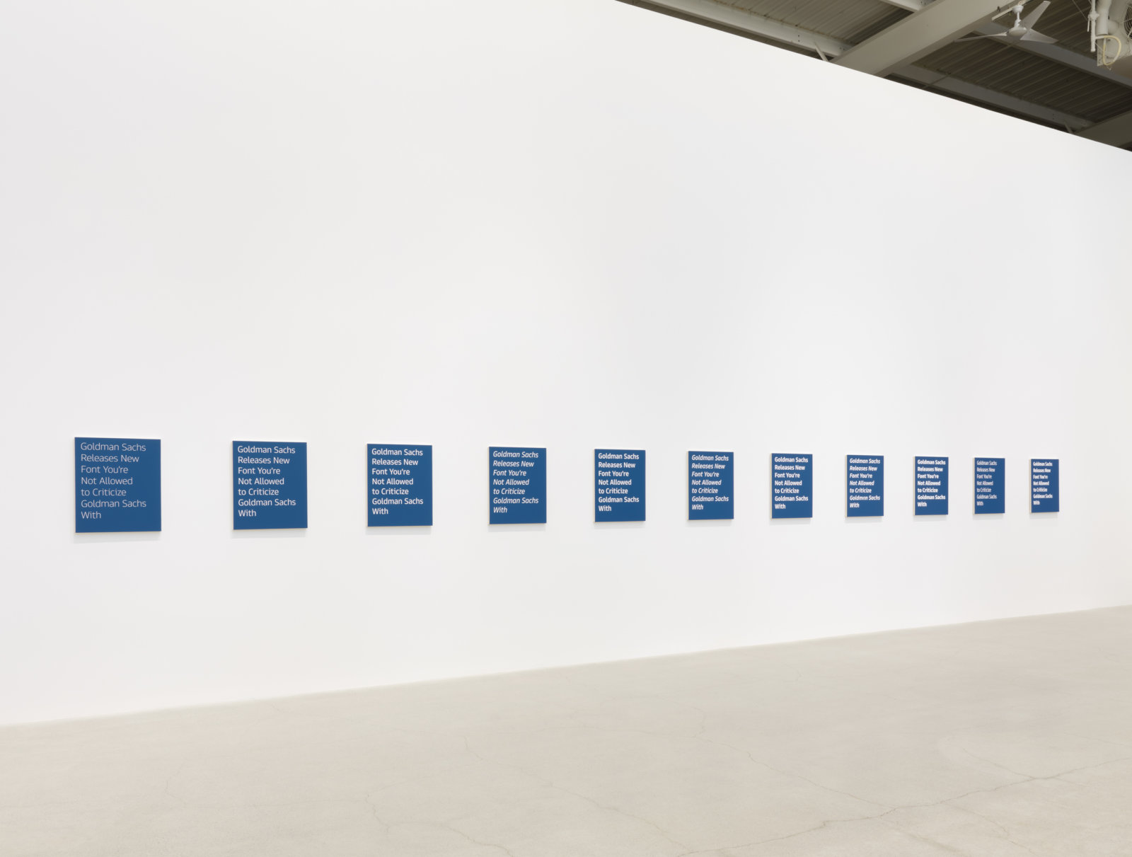 Ron Terada, Goldman Sans, 2021, 11 paintings, acrylic on canvas, each 24 x 20 in. (61 x 51 cm)