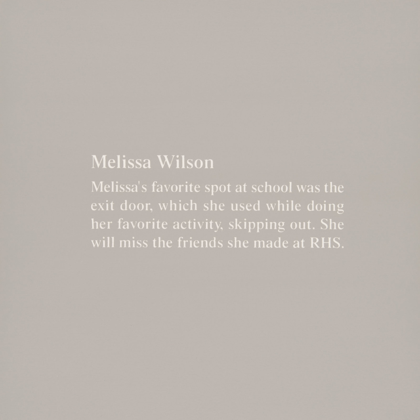 Ron Terada, Grey Painting (Melissa Wilson…), 1996–1997, acrylic on thermal-resin paper, 24 x 24 in. (60 x 61 cm)