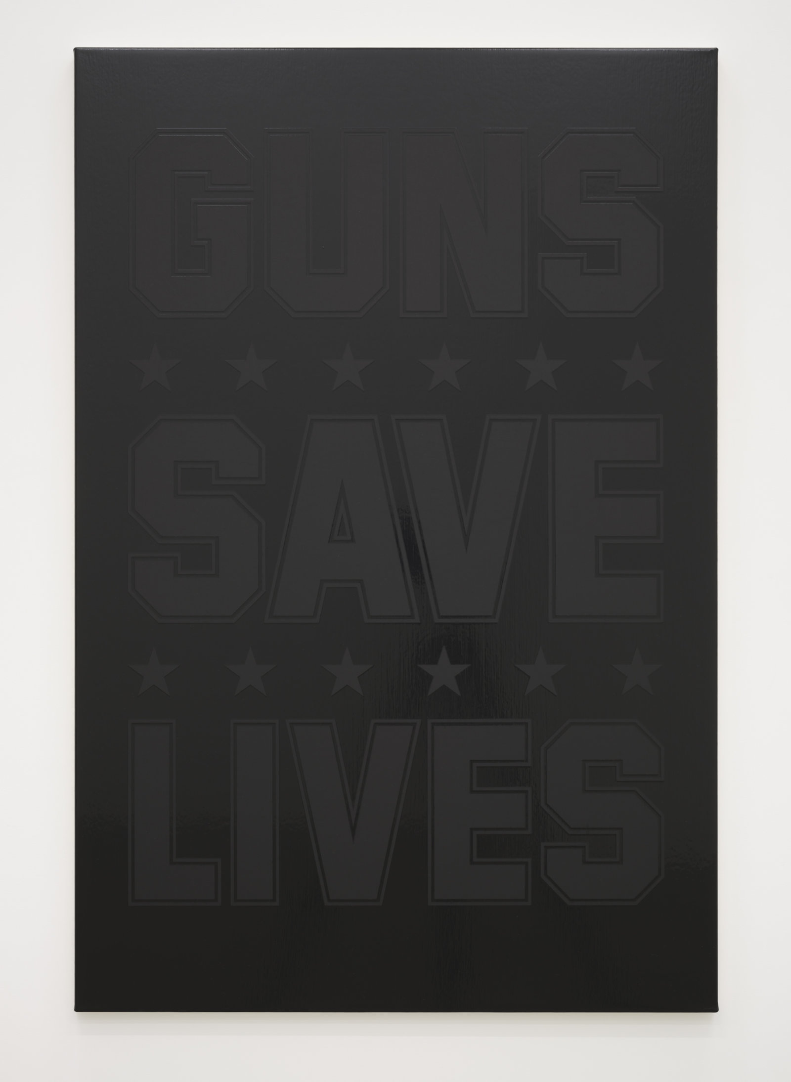 Ron Terada, Guns Save Lives, 2023, acrylic on canvas, 48 x 32 in. (122 x 81 cm)