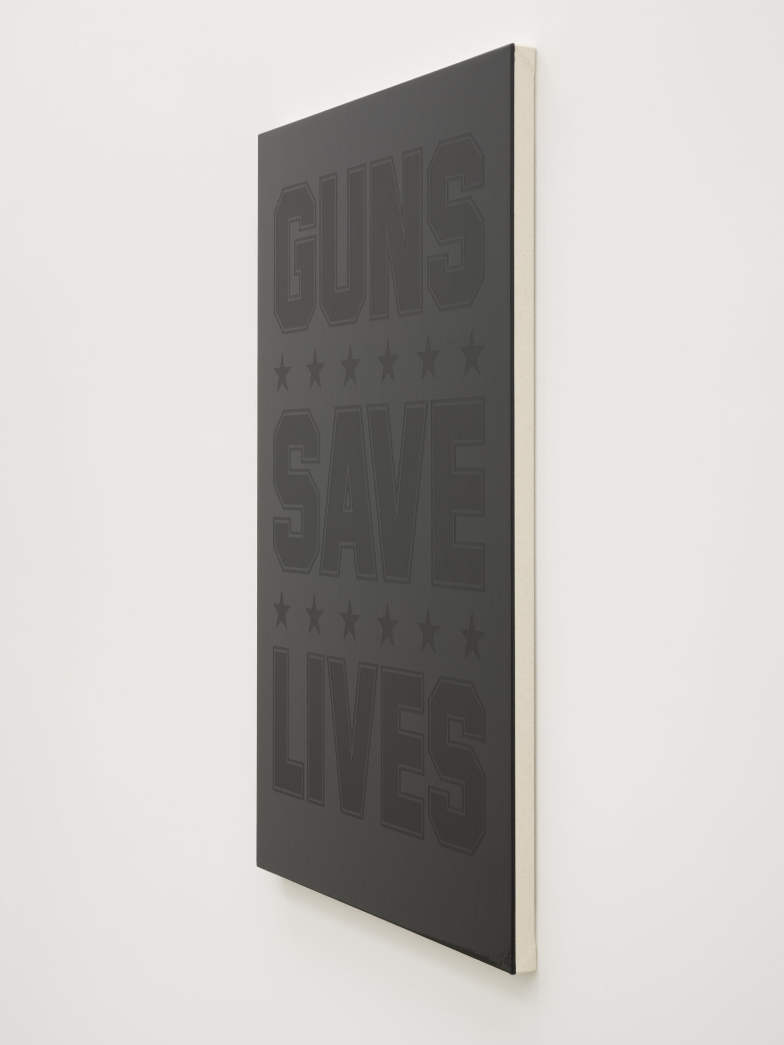 Ron Terada, Guns Save Lives, 2023, acrylic on canvas, 48 x 32 in. (122 x 81 cm)