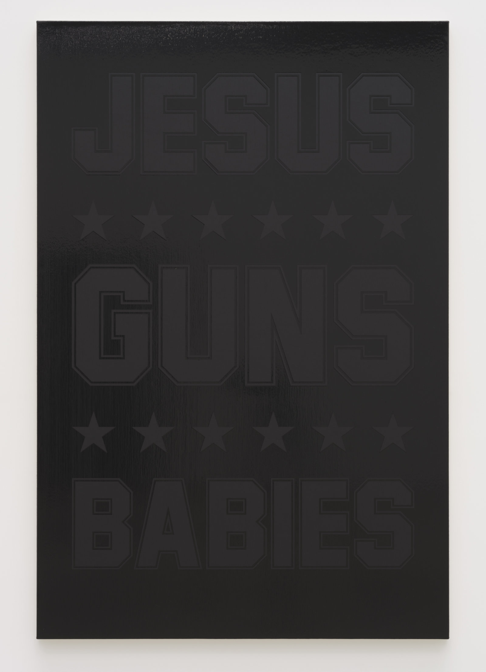 Ron Terada, Jesus Guns Babies, 2023, acrylic on canvas, 66 x 44 in. (168 x 112 cm)