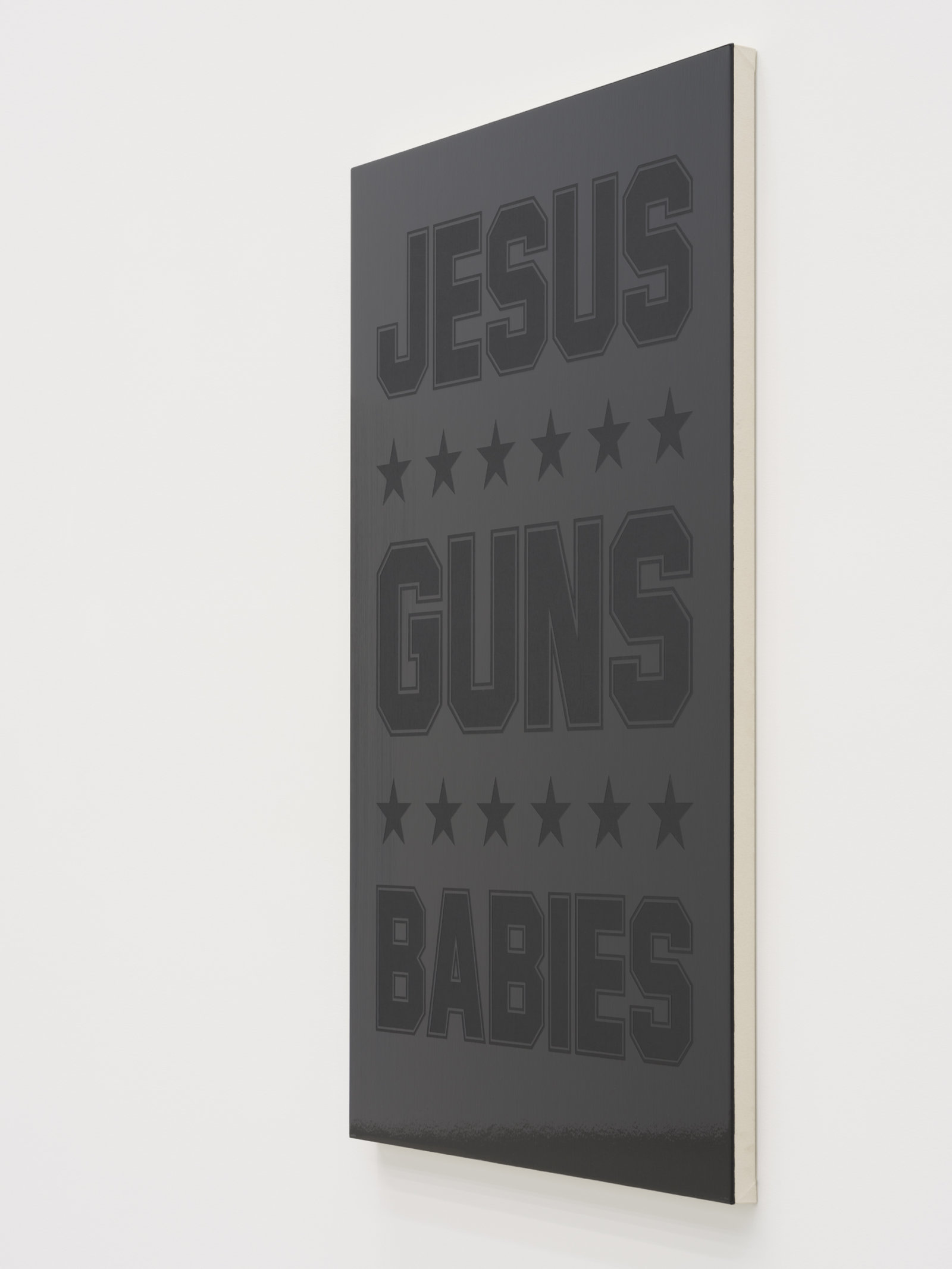 Ron Terada, Jesus Guns Babies, 2023, acrylic on canvas, 66 x 44 in. (168 x 112 cm)
