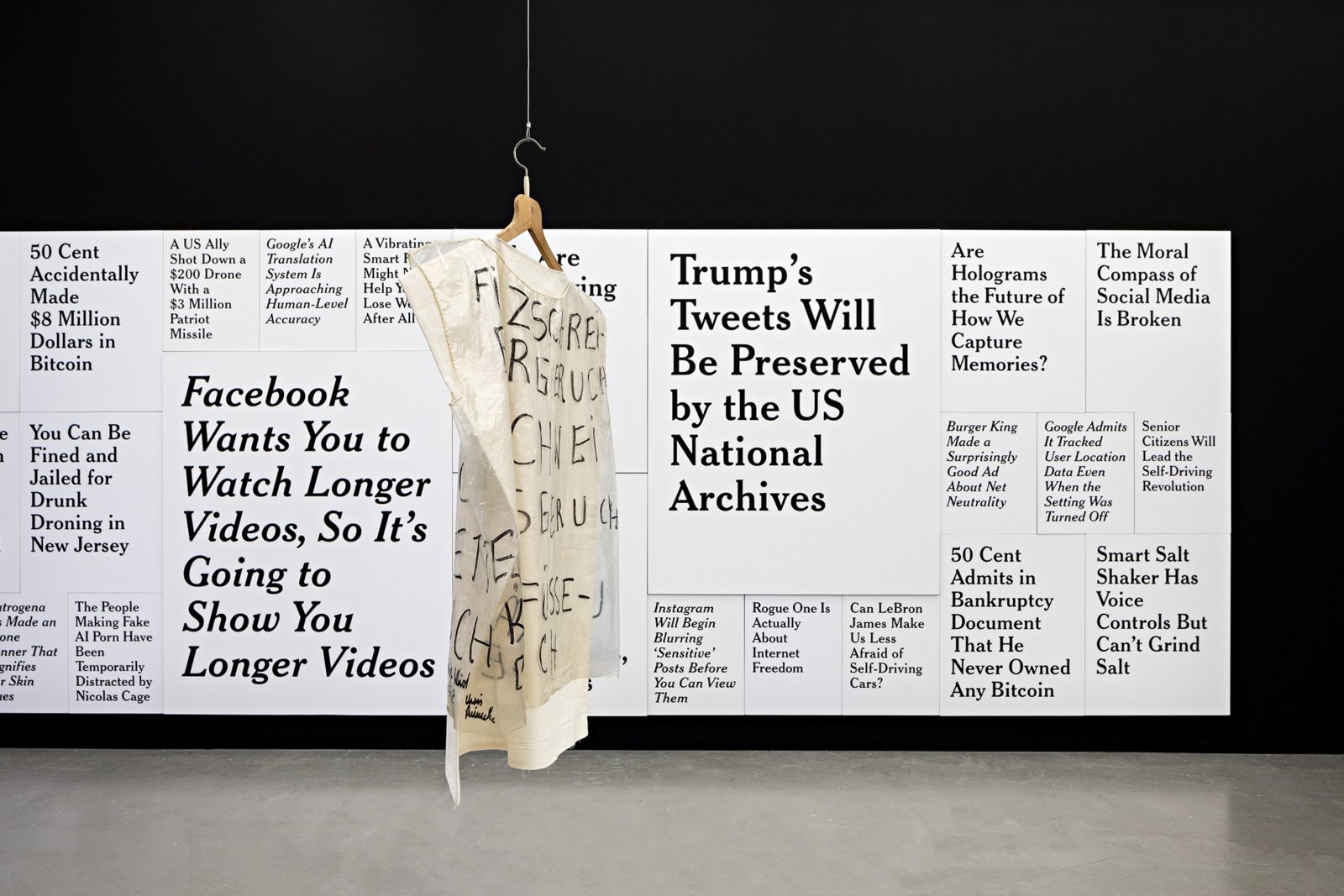 Ron Terada, TL; DR (detail), 2016–2018, 26 paintings, acrylic on canvas, 120 x 384 in. (305 x 975 cm). Installation view, Political Affairs: Language Is Not Innocent, Kunstverein in Hamburg, Hamburg, Germany, 2019
