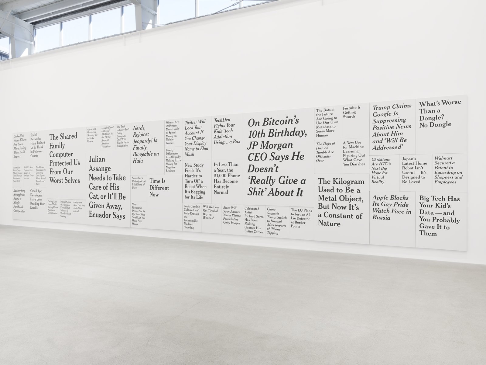 Ron Terada, TL; DR, 2018–2019, 44 paintings, acrylic on canvas, 120 x 552 in. (305 x 1403 cm)