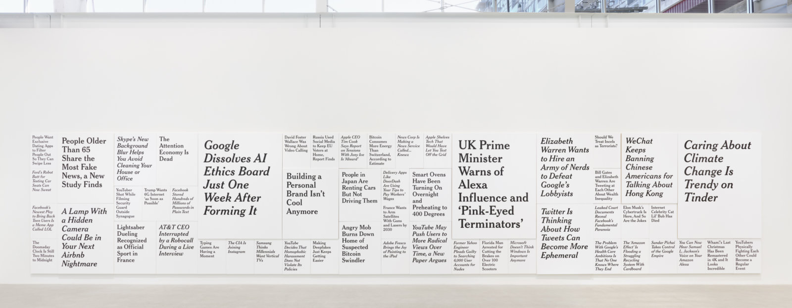 Ron Terada, TL; DR, 2019–2020, 52 paintings, acrylic on canvas, 120 x 624 in. (305 x 1585 cm)