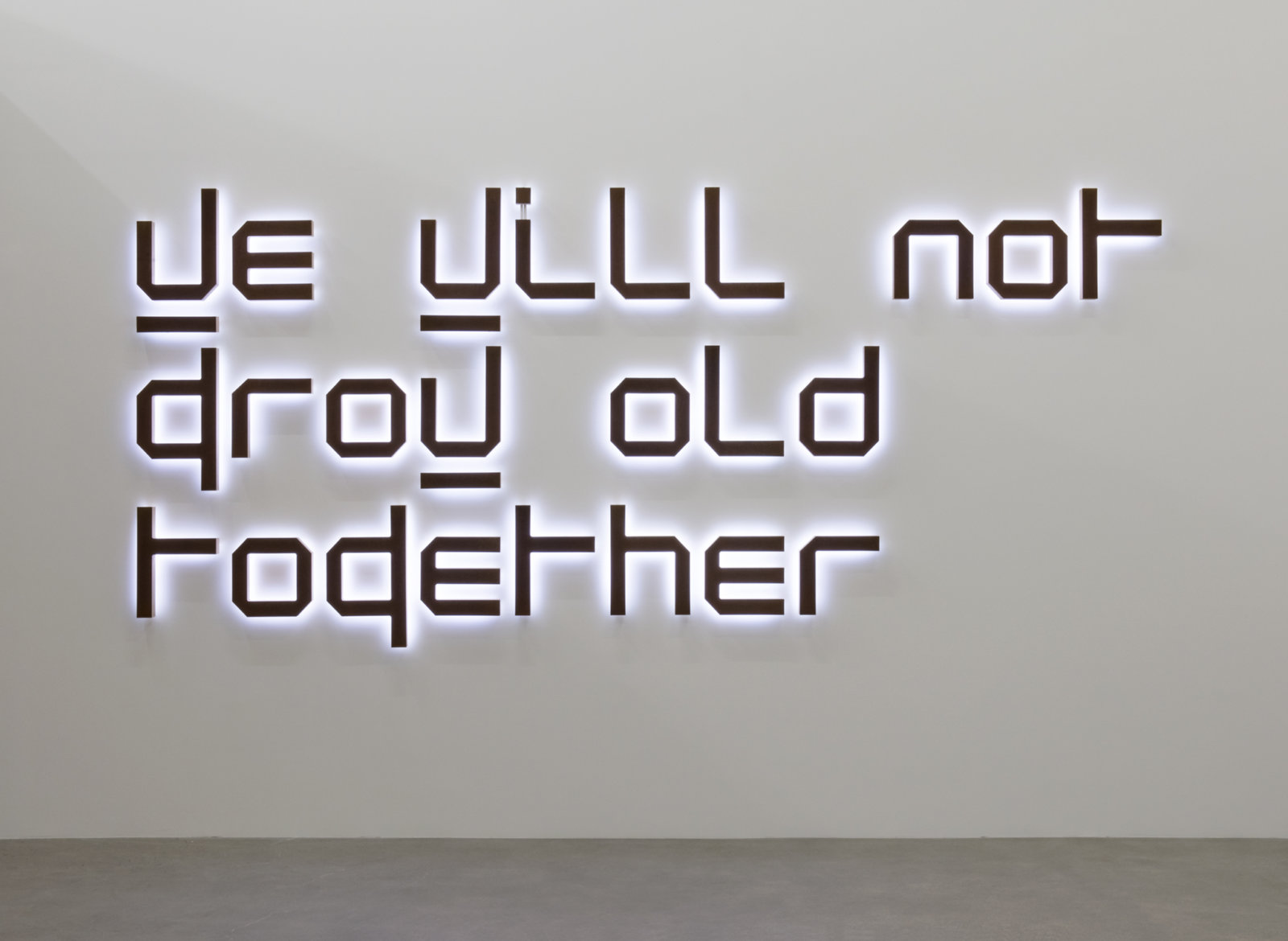 Ron Terada, We Will Not Grow Old Together, 2014, white neon, rusted corten steel, birch plywood, 61 x 136 x 3 in. (155 x 345 x 8 cm)