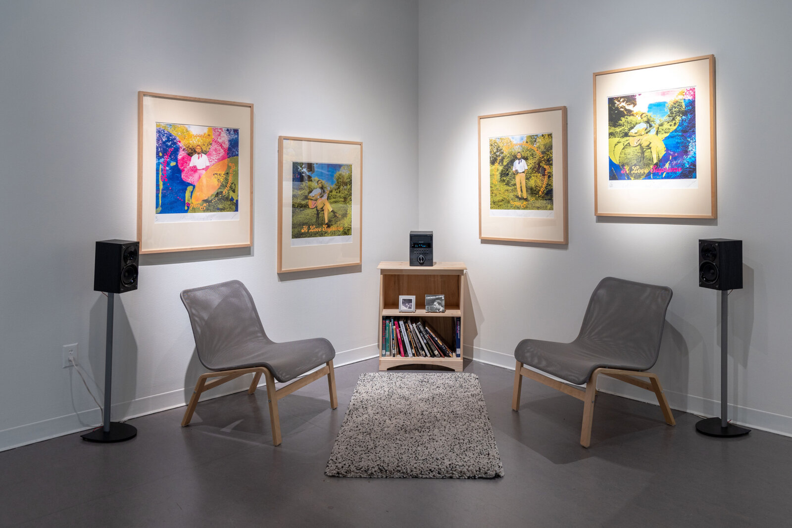 Chukwudubem Ukaigwe, Coltrane’s Leap, 2022–2023, 4 cmyk screenprints, audio of John Coltrane’s ‘A Love Supreme’ (1964), selection of books from Museum’s library. Installation view, Art Gallery of Greater Victoria, Canada, 2023