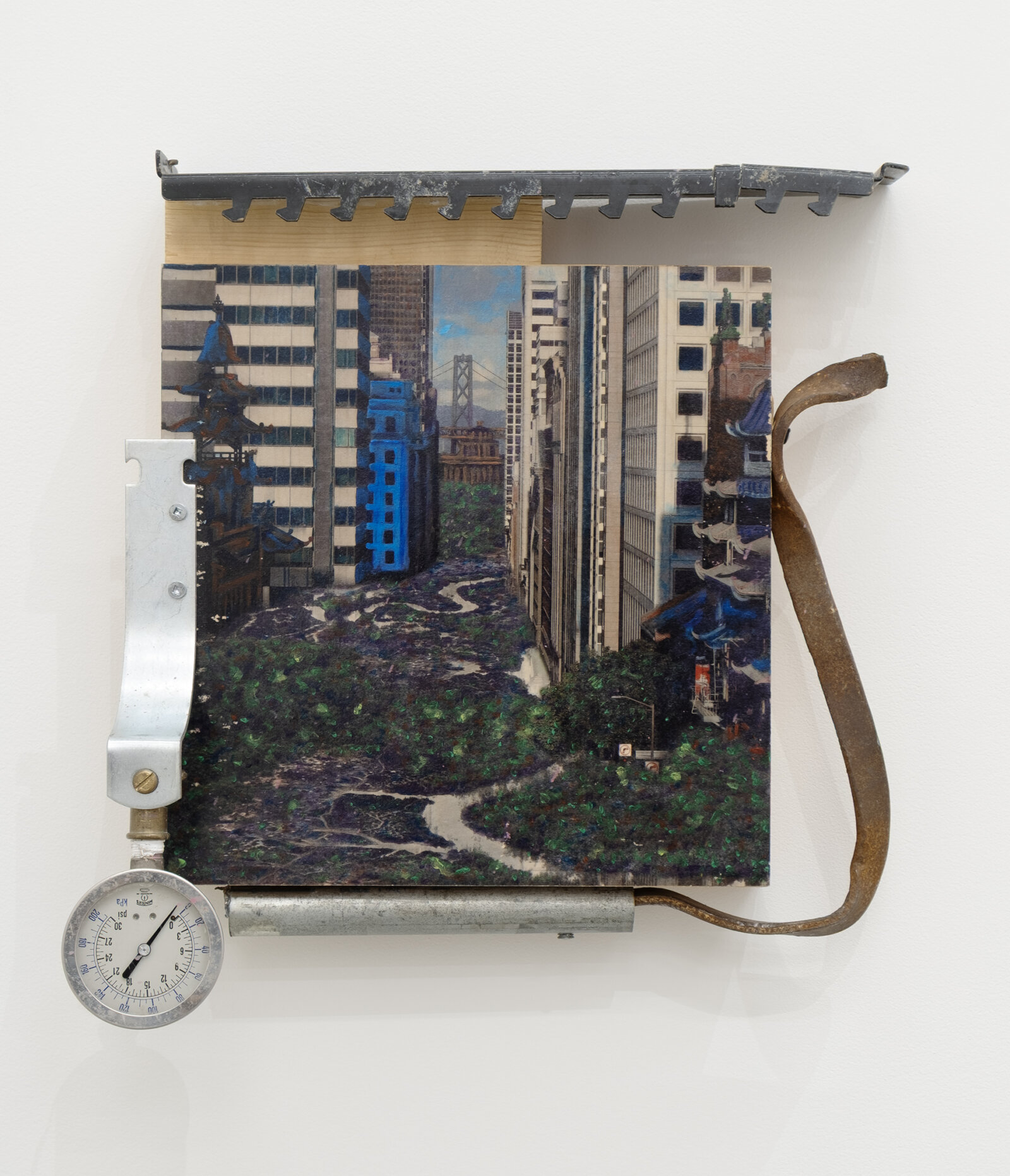 Chukwudubem Ukaigwe, Labyrinth 3, 2021, photographic contrivance, gel image transfer and oil paint on panel, wood, aluminum, corrugated iron, 16 x 14 x 5 in. (39 x 36 x 13 cm)