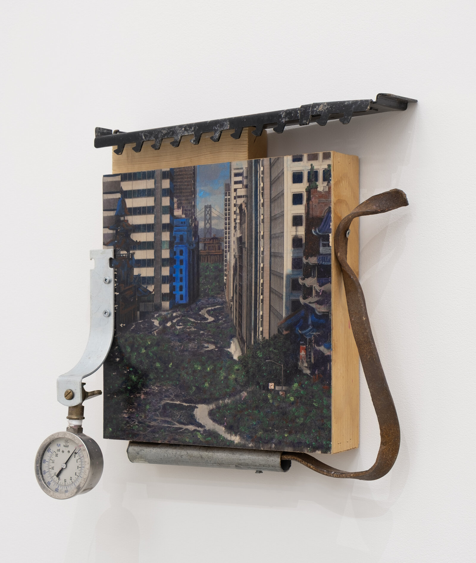 Chukwudubem Ukaigwe, Labyrinth 3, 2021, photographic contrivance, gel image transfer and oil paint on panel, wood, aluminum, corrugated iron, 16 x 14 x 5 in. (39 x 36 x 13 cm)