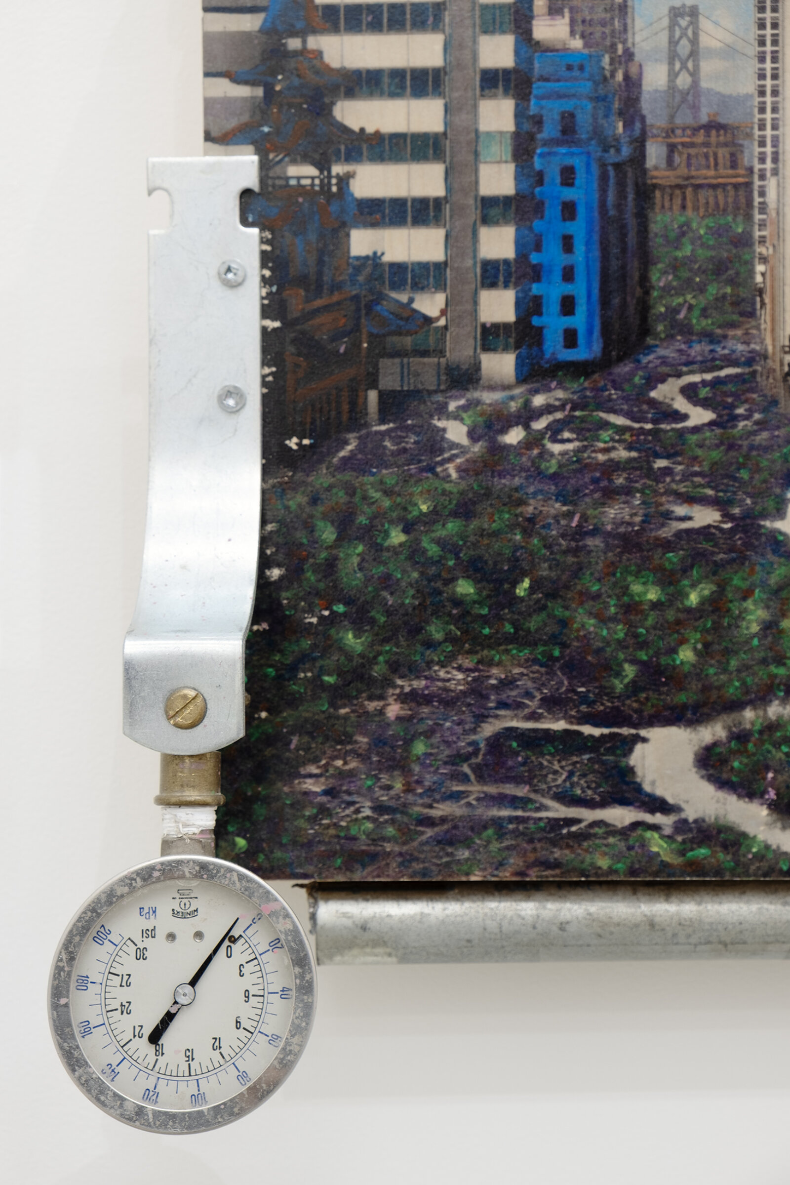 Chukwudubem Ukaigwe, Labyrinth 3 (detail), 2021, photographic contrivance, gel image transfer and oil paint on panel, wood, aluminum, corrugated iron, 16 x 14 x 5 in. (39 x 36 x 13 cm)